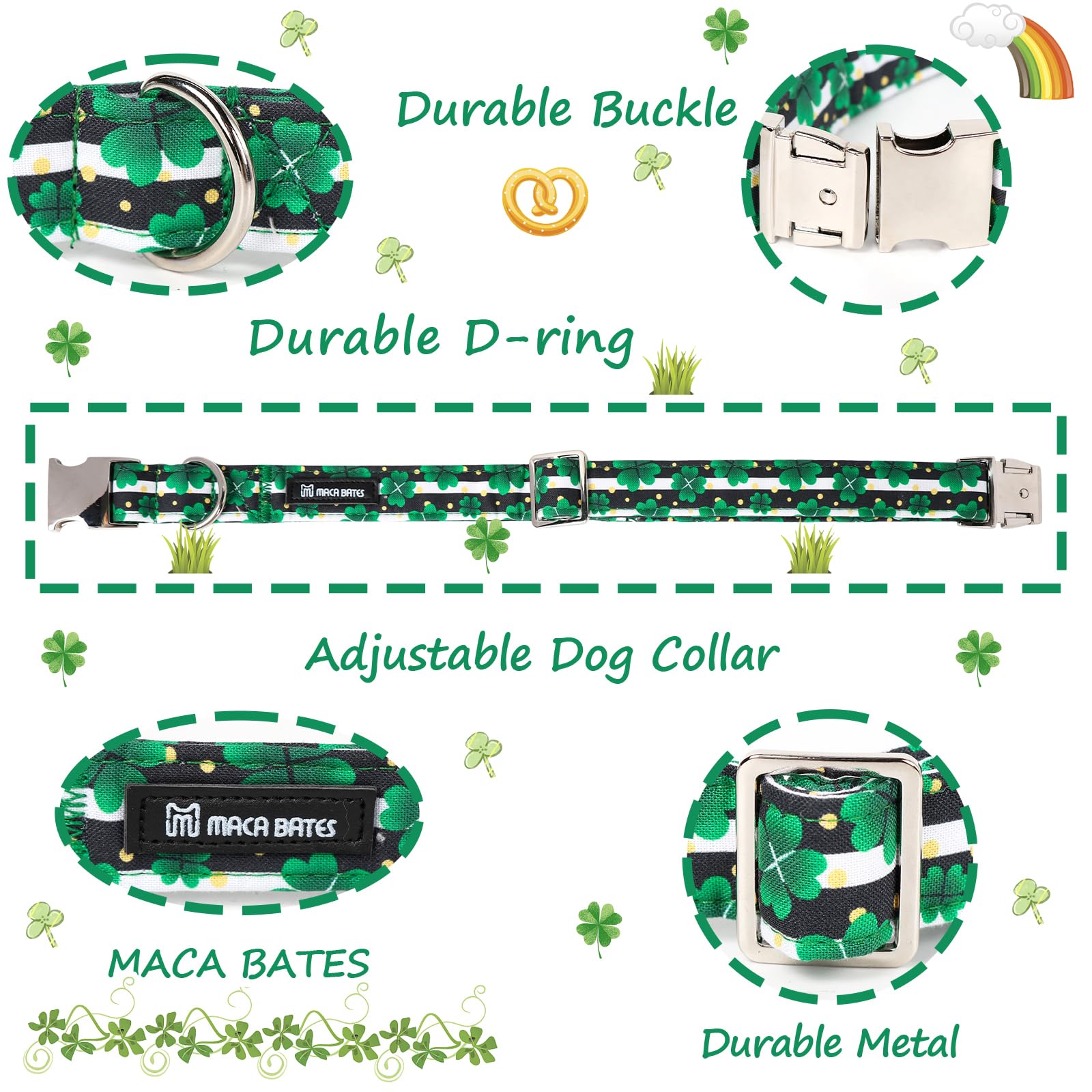 Maca Bates St Patricks Day Dog Collar Irish Clover Dogs Collars Black And White Soft Adjustable Durable Saint Patrick'S Shamrock