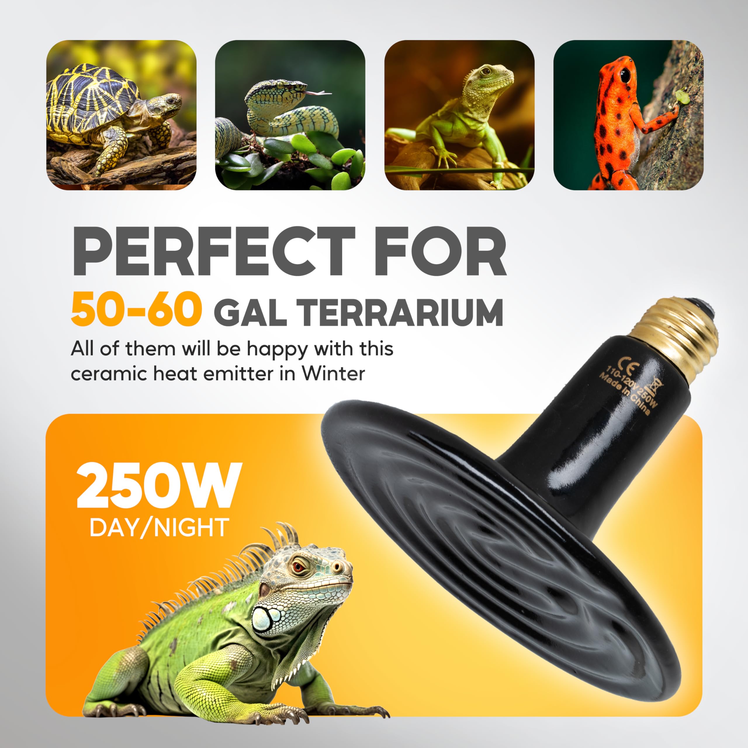 HealSmart 250W Reptile Heat Lamp Ceramic Heat Emitter, No Light Emitting Heat Bulbs, Suitable for Snake/Lizard/Spider, Plant Gro