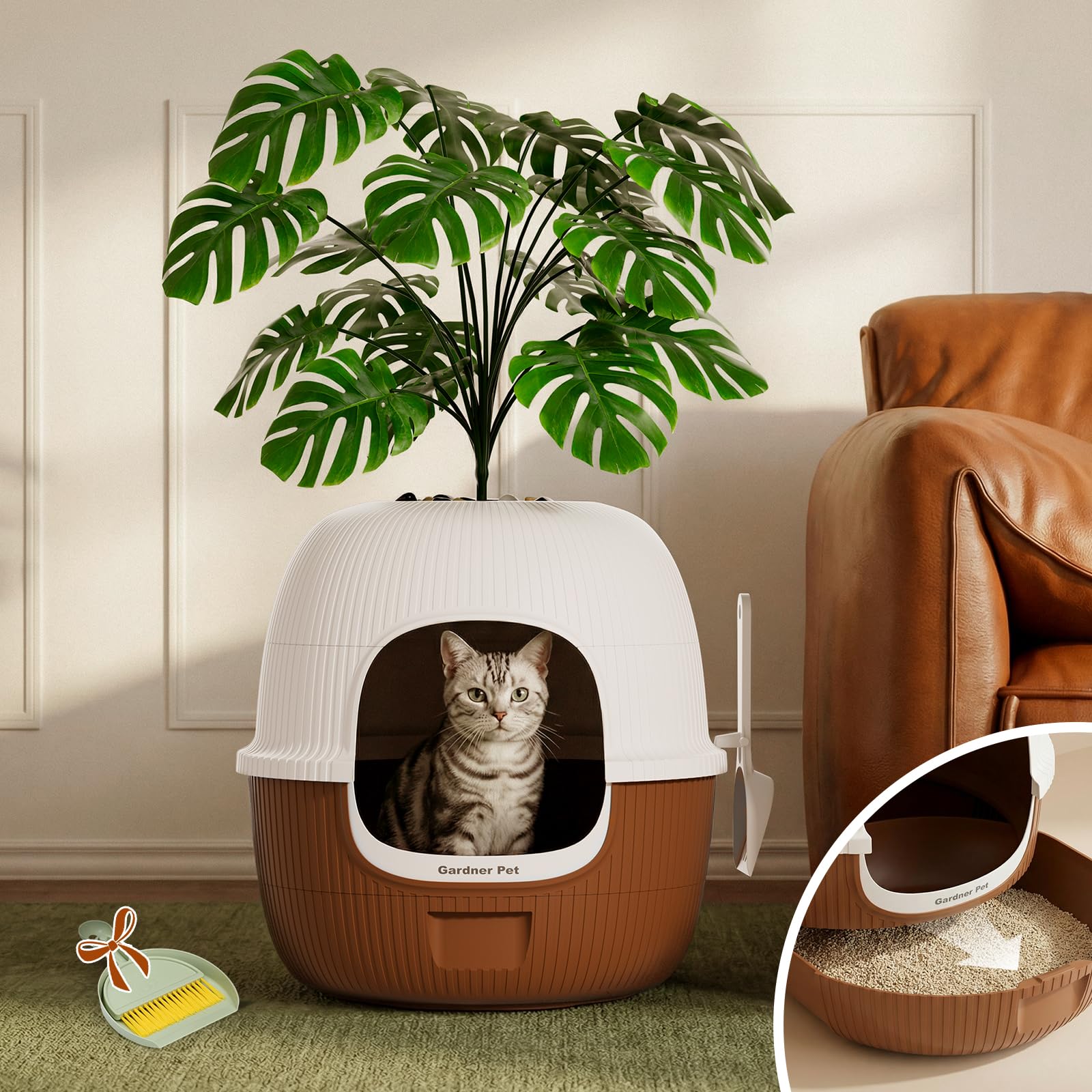 Hidden Cat Litter Box with Faux Plant & Scoop, Drawer Decorative Litter Box Enclosure with Odor Controlled Carbon Filter, Effort