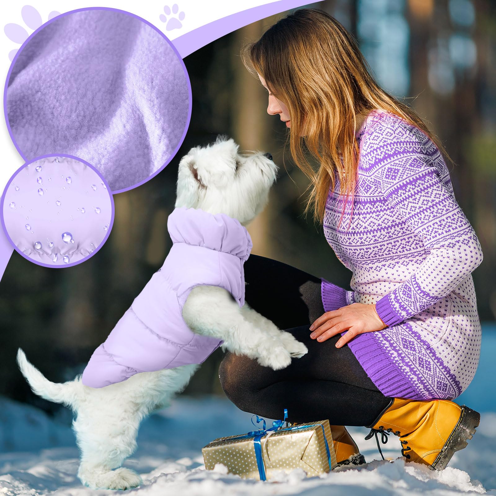 Abrrlo Winter Warm Cat & Dog Jacket - Small/Medium, Purple, Waterproof & Windproof, Fleece Vest With Harness Padded For Cold Wea