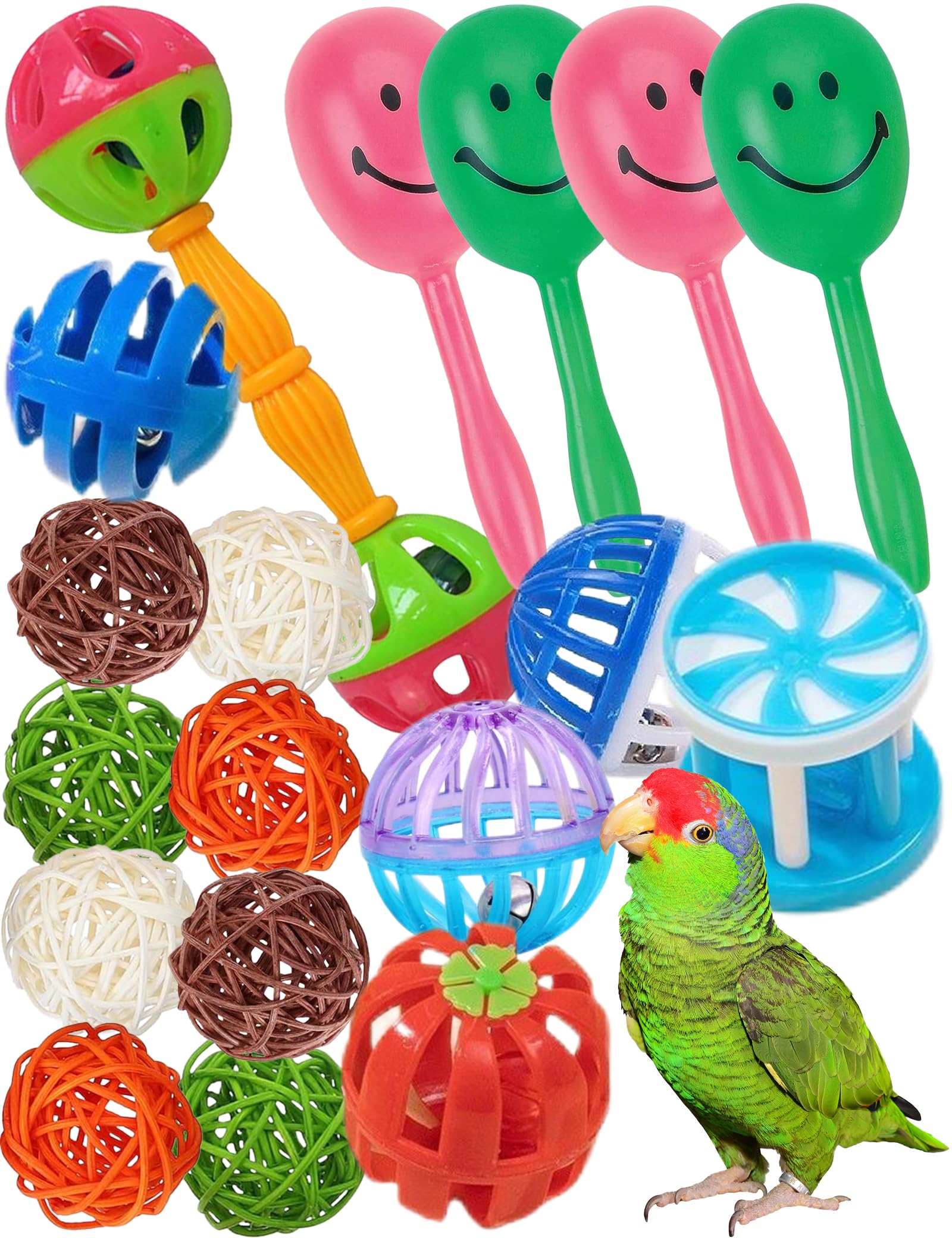 Bird Toys 18 Pcs Set, Colorful Plastic & Woven Rattan Balls With Bells For Parrots & Small Birds - Safe, Strong, & Stimulating P