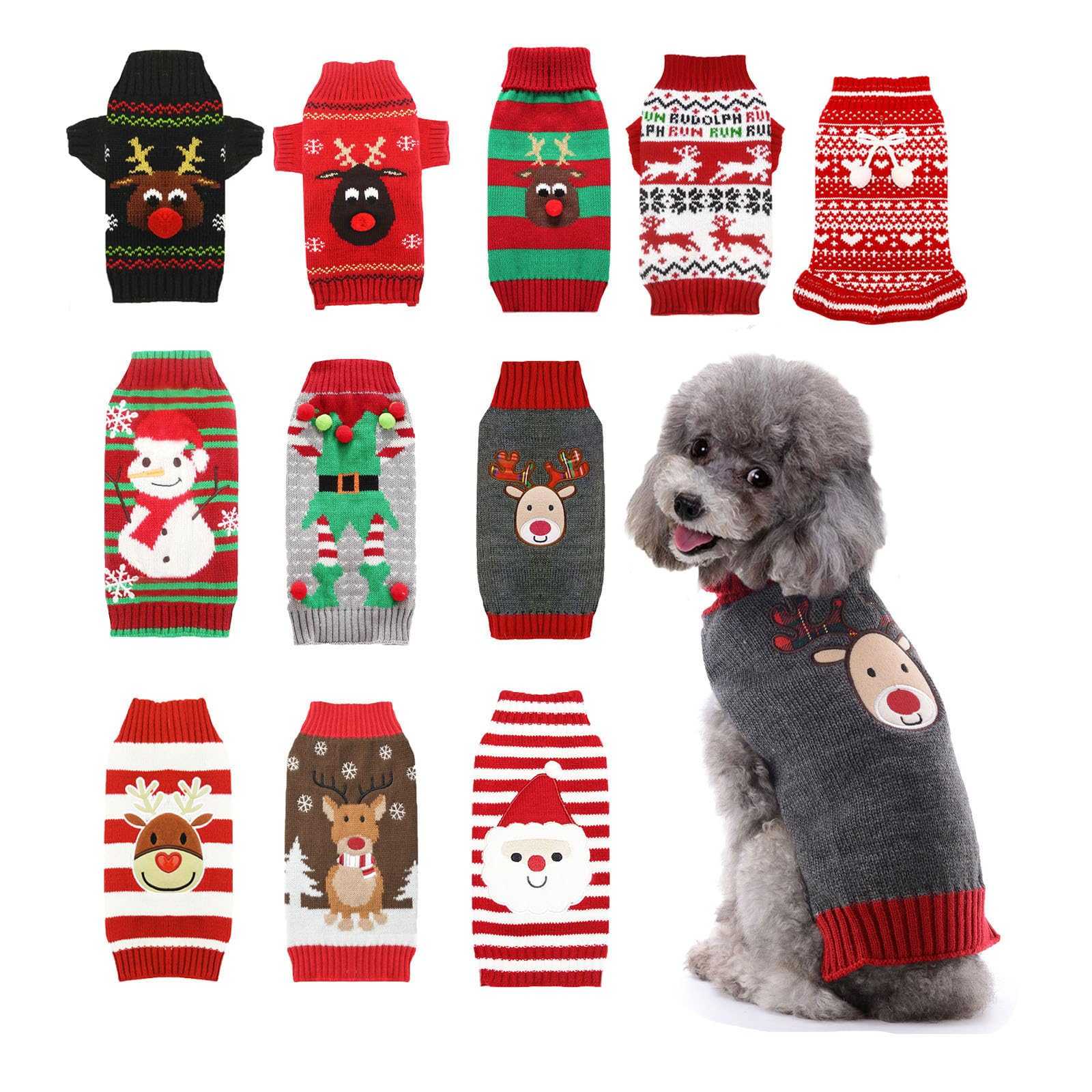 Axiijgl Christmas Reindeer Dog & Cat Fleece Sweater - Striped Winter Clothes With Leash Hole