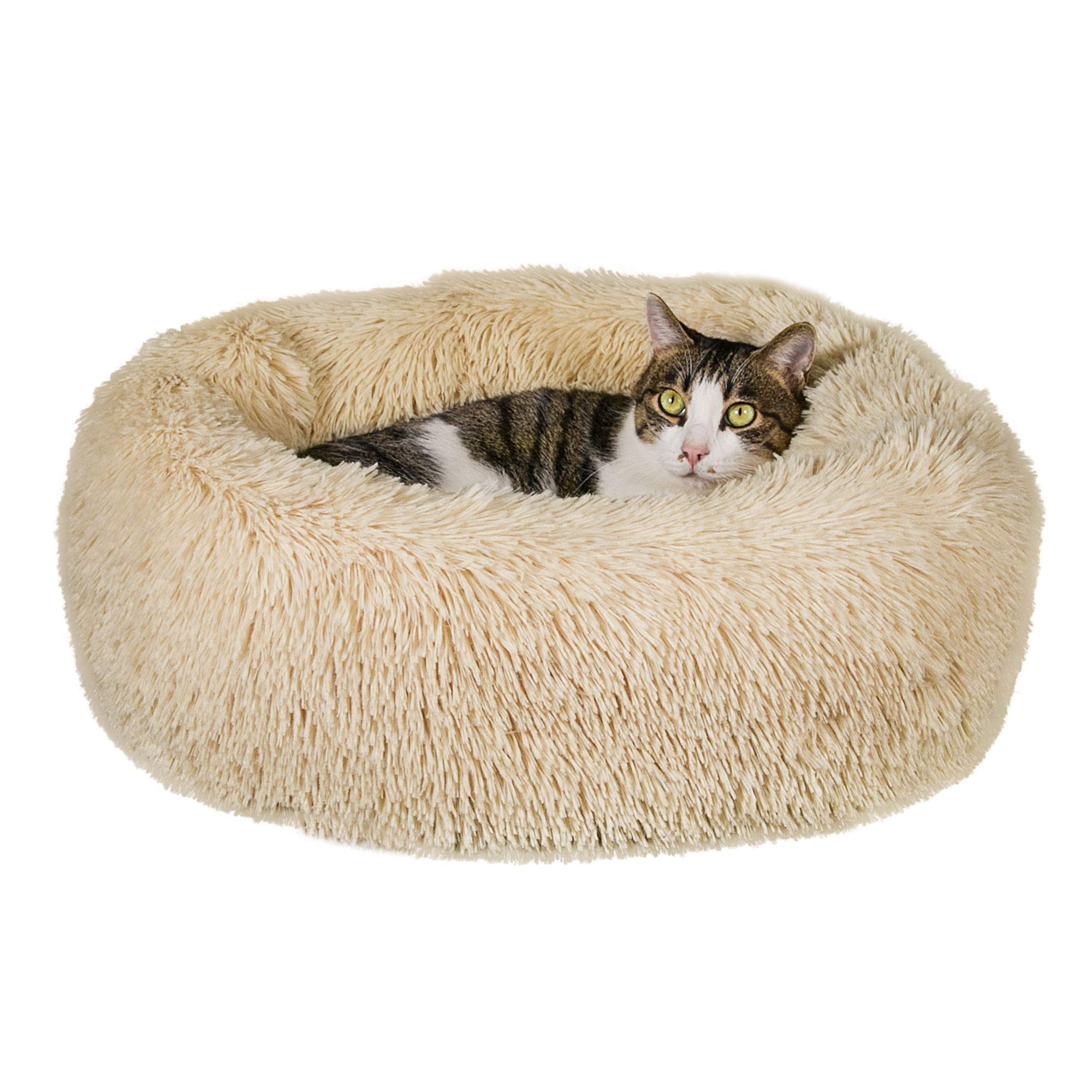 Qucey Calming Cat Beds for Indoor Cats, Anti Anxiety Round Fluffy Plush Faux Fur Cat Bed, Washable 23 inches Small Dog Bed & Cat