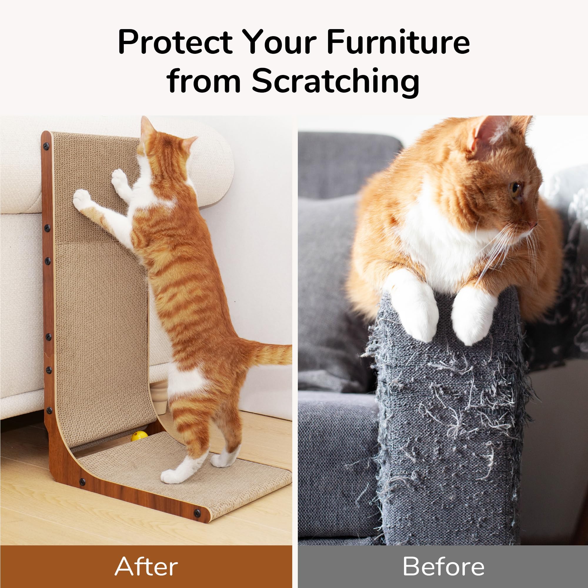 FUKUMARU Cat Scratcher, 26.8 Inch Cat Scratch Pad for Indoor Cats, L Shaped Cardboard Vertical Cats Scratching Board with Ball T