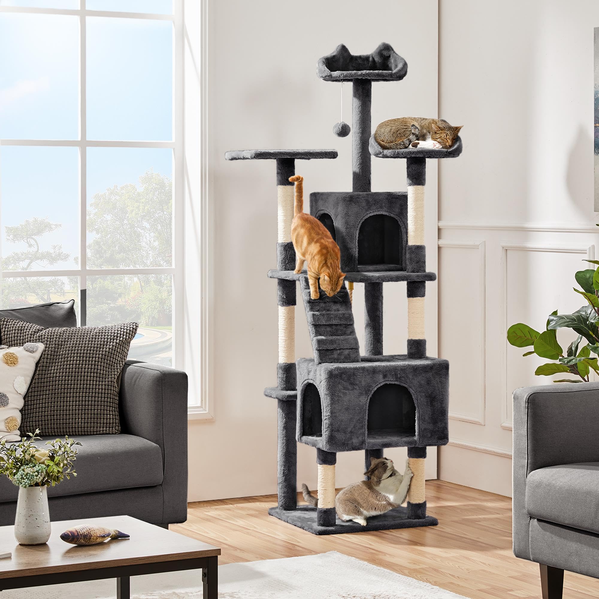 Yaheetech Xl Cat Tree, 72In Multi-Level Cat Tower With 2 Cozy Caves, 3 Soft Perches, Scratching Posts, Board, And Dangling Ball,