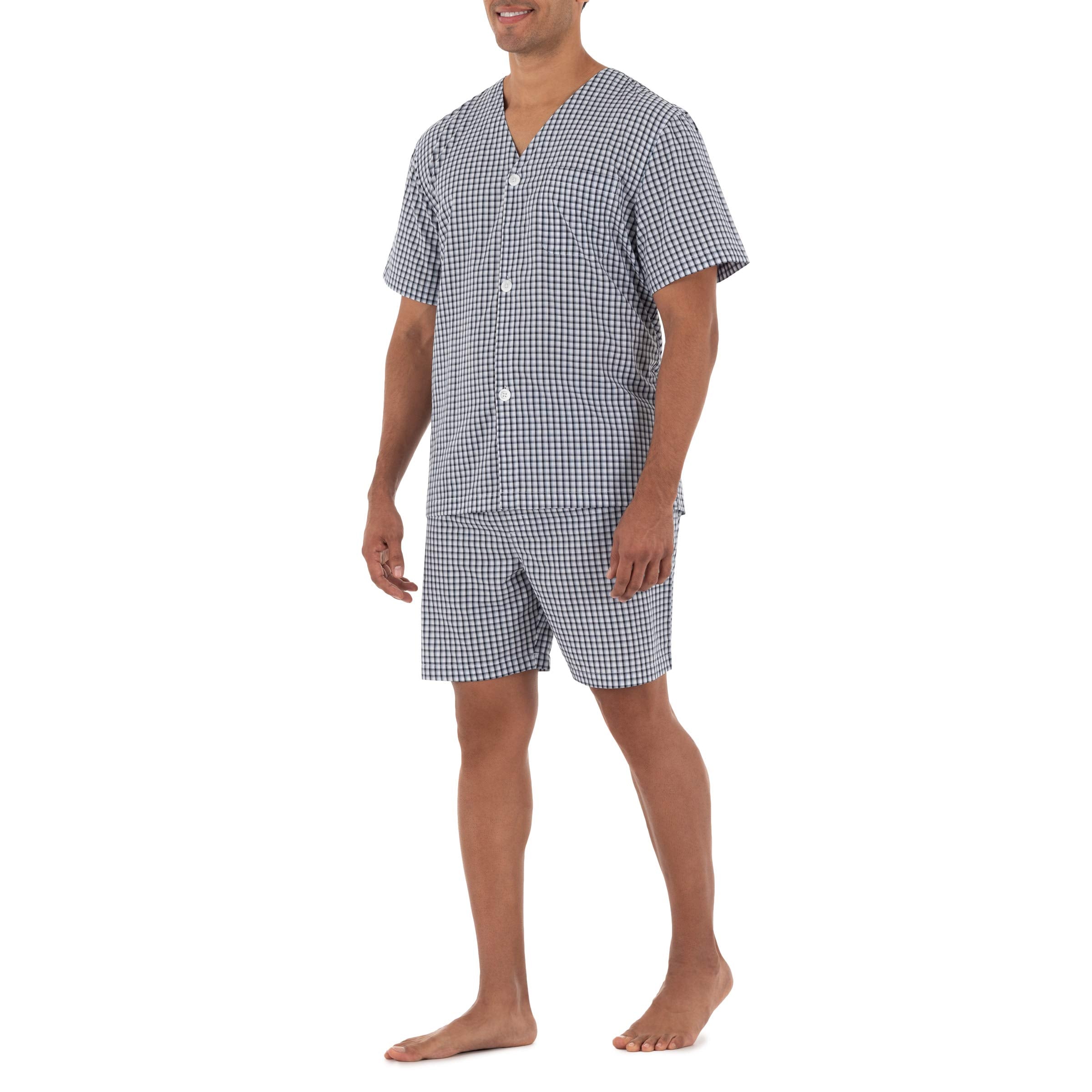 Fruit of the Loom Mens Broadcloth Short Sleeve Pajama Set, Navy check, Medium
