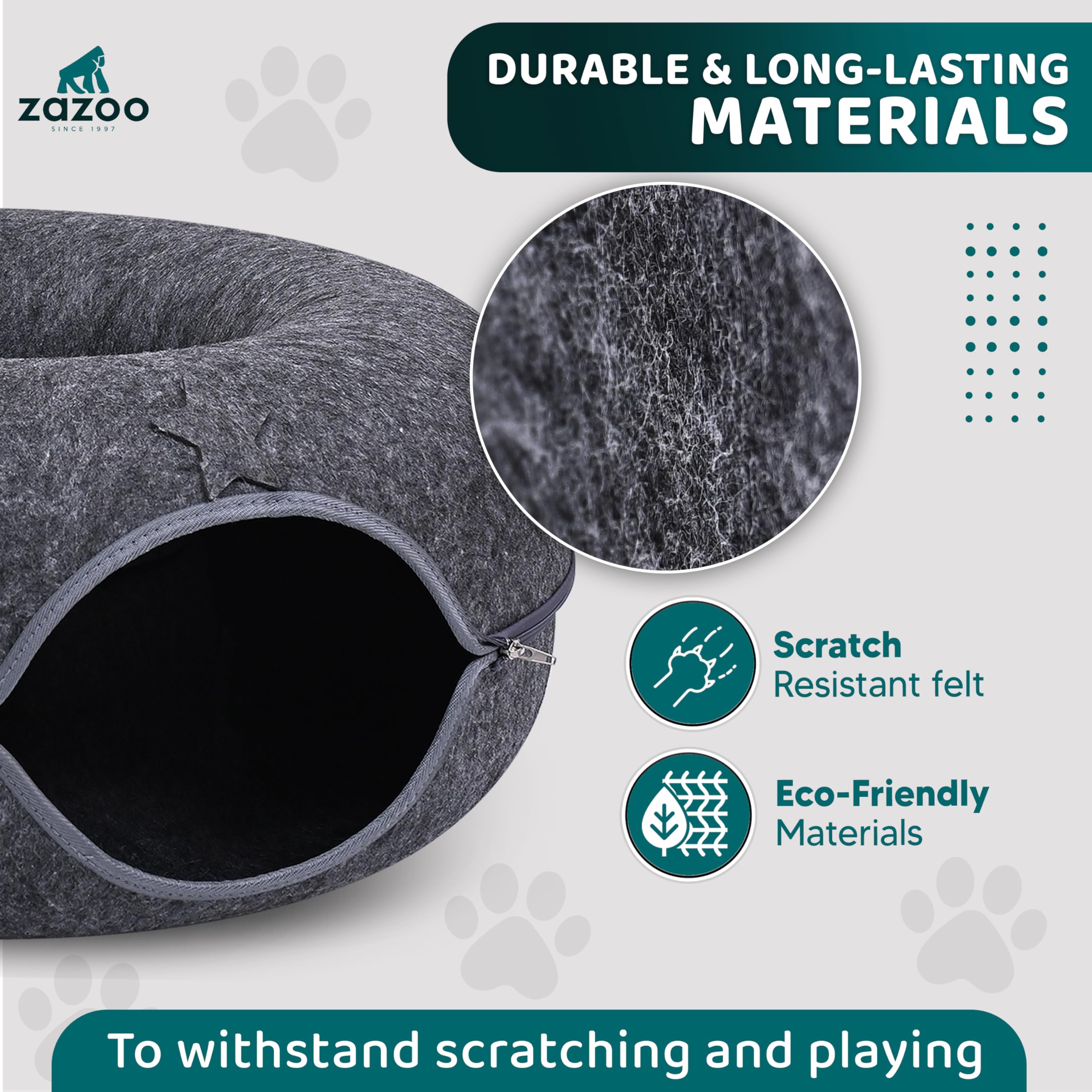 Zazoo Large Cat Tunnel For Indoor Cats - 2-In-1 Donut Cat Cave With Feather Toy & Peek Holes | Scratch-Resistant, Washable, Cozy