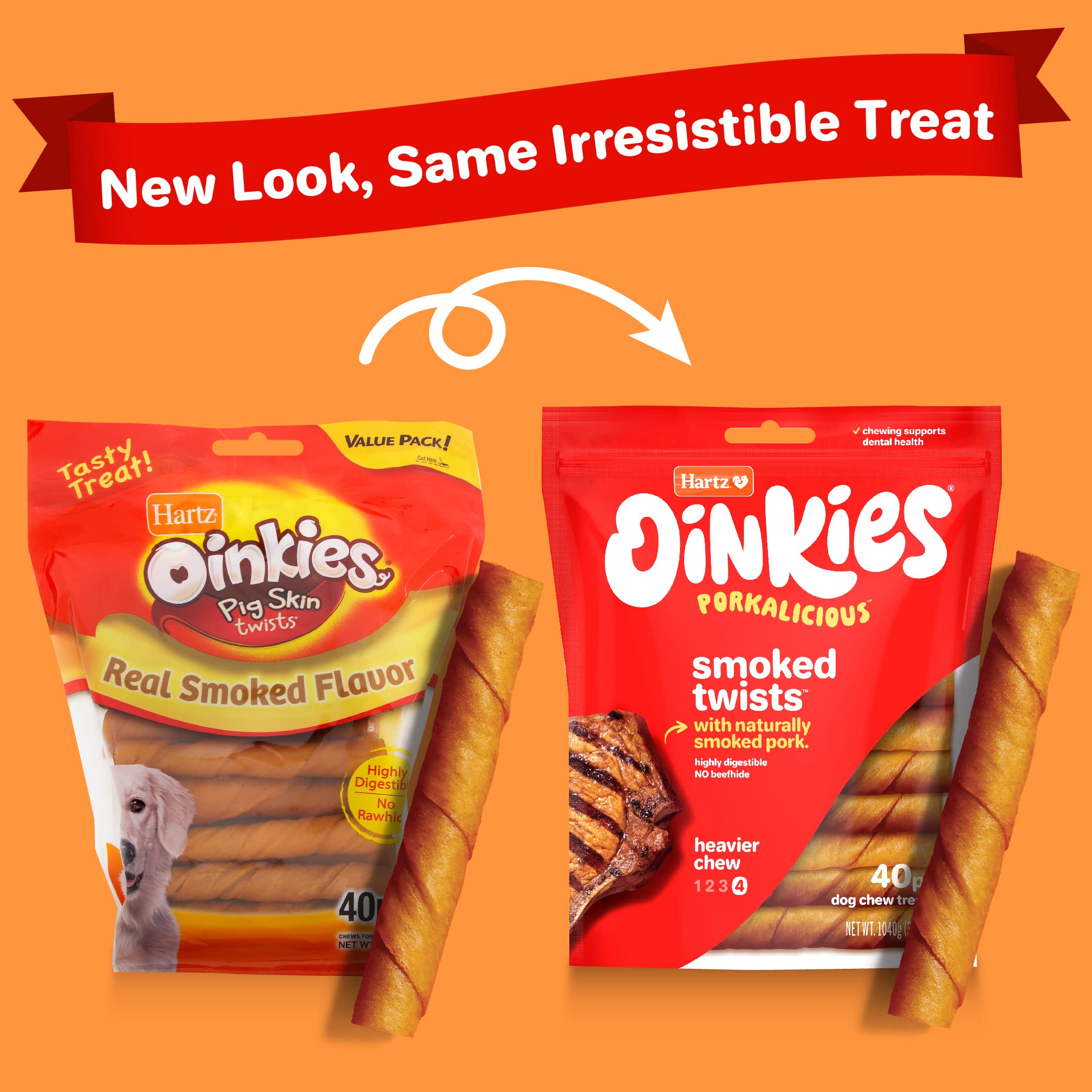 Hartz Oinkies Smoked Twists with Naturally Smoked Pork Rawhide-Free Dog Treats, Highly Digestible Long Lasting Dog Chews, 40 Cou