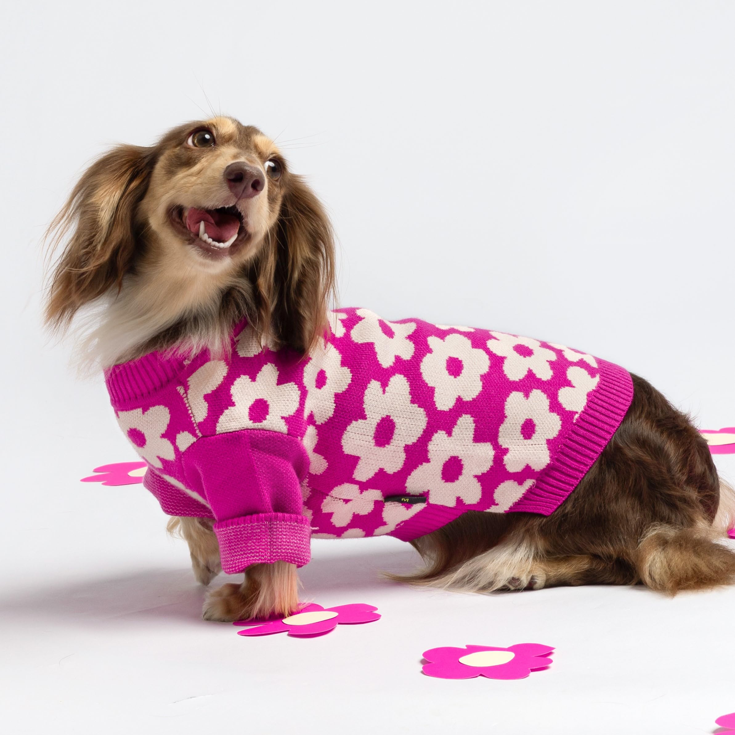 Fitwarm Floral Dog Sweater, Thermal Dog Sweatshirt, Soft Pet Outfit, Hot Pink, White, Large