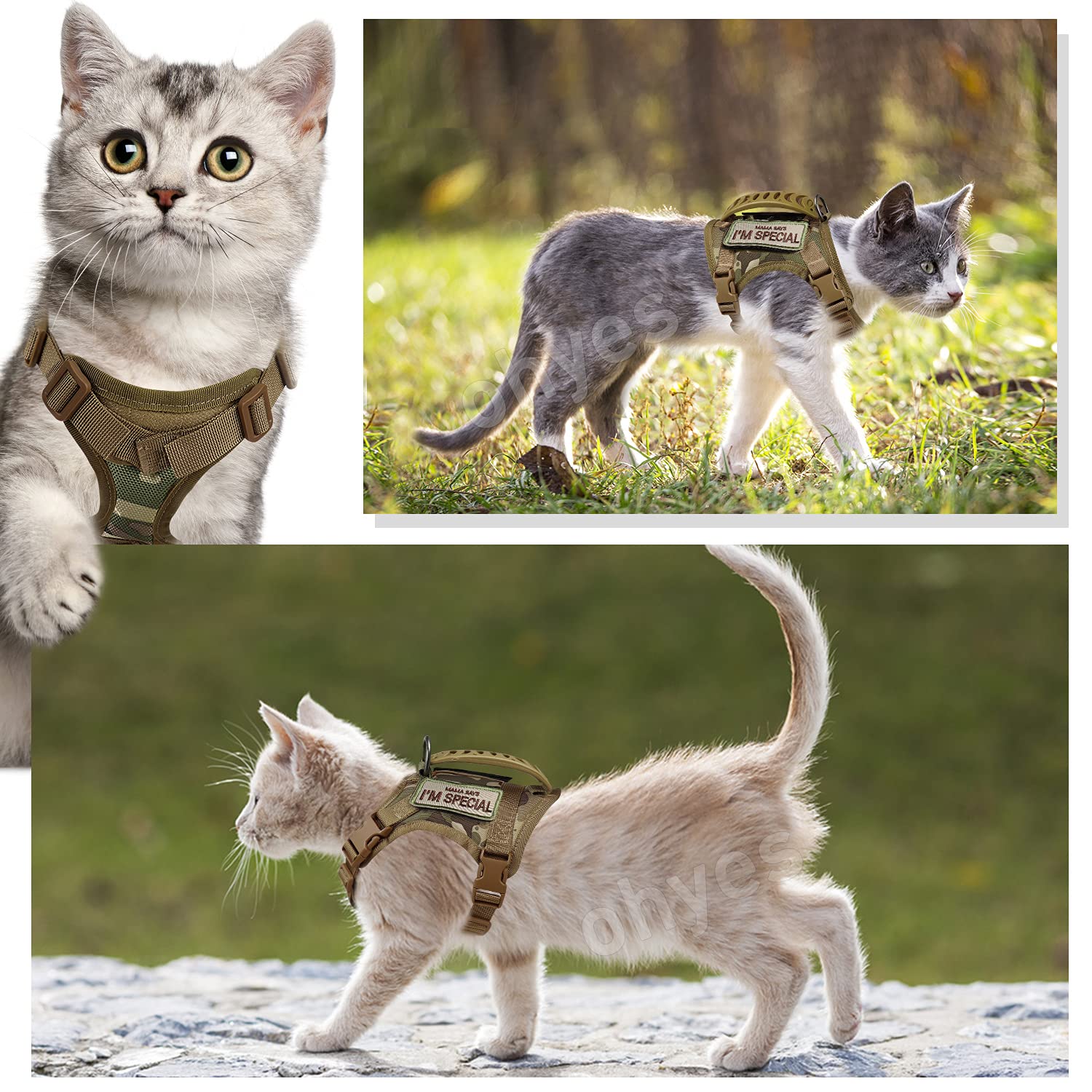 Tactical Cat Harness For Walking Escape Proof, Soft Mesh Adjustable Pet Vest Harness For Large Cat,Small Dog (L, Khaki)