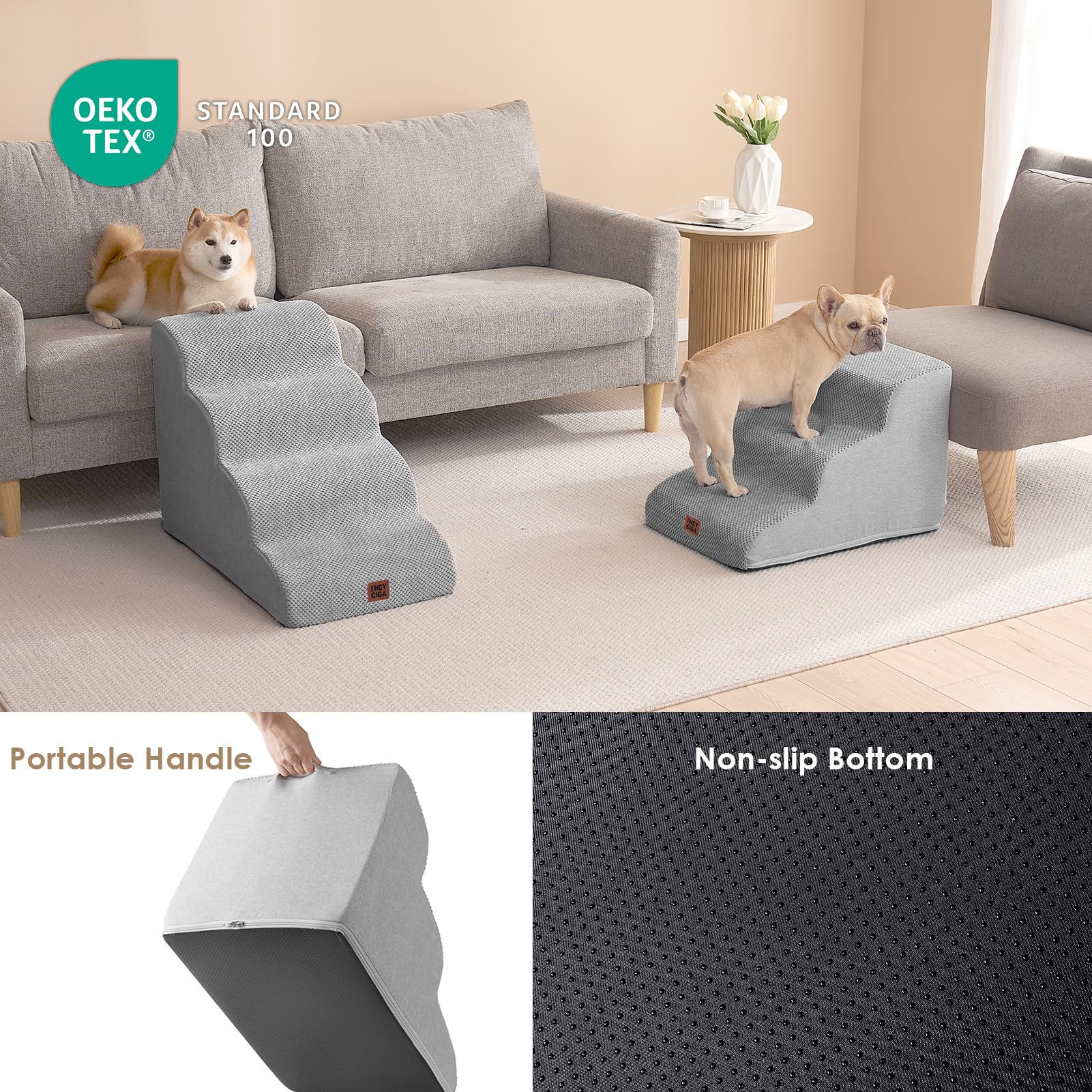 Eheyciga Curved Dog Stairs Ramp For Small Dogs 15.7' H, 3-Step Dog Steps For Couch Sofa And Chair, Pet Stairs For Cats, Non-Slip Balanced Pet Steps Indoor, Light Grey