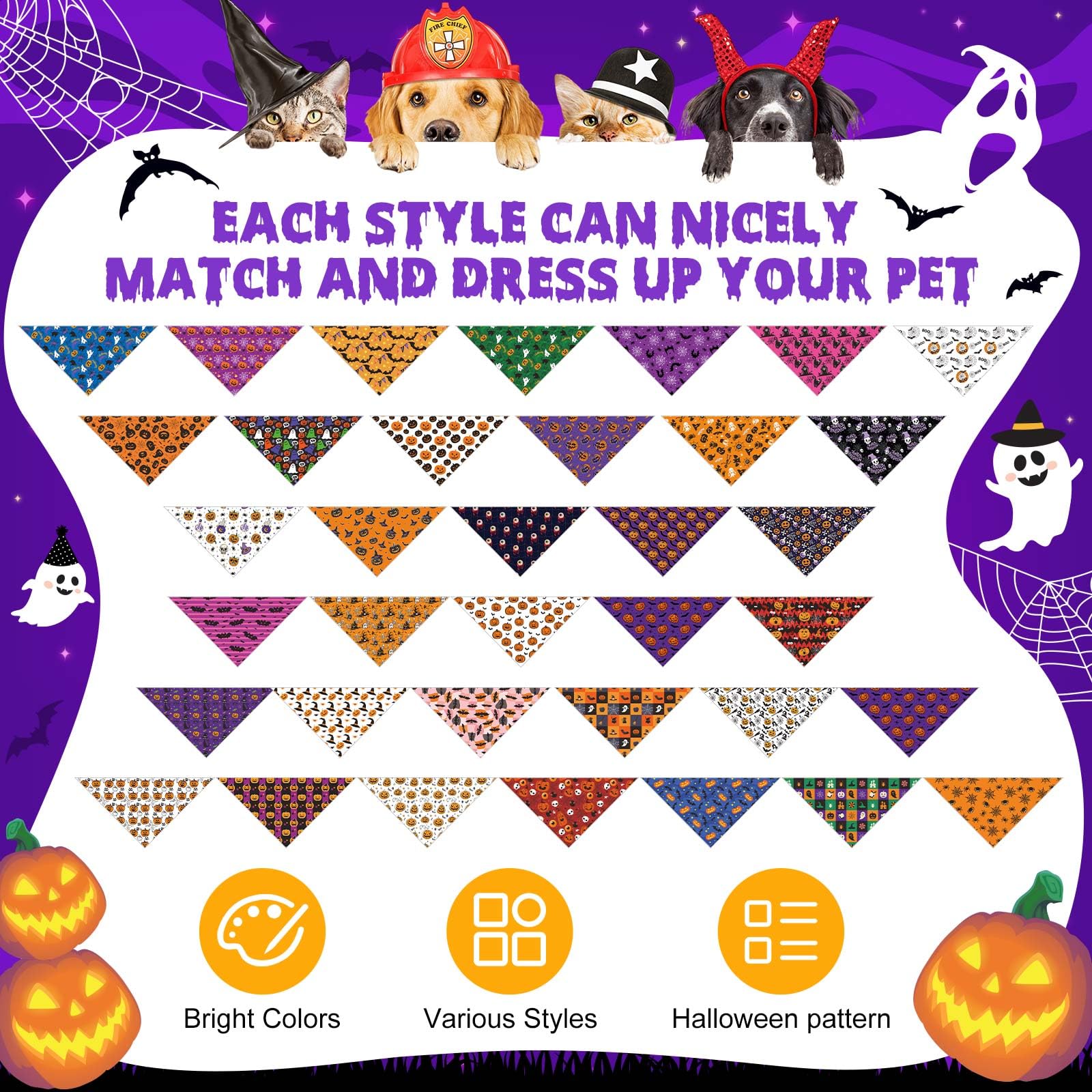 Sanwuta 72 Pcs Halloween Dog Bandana Bulk Washable Puppy Triangle Scarfs Halloween Pumpkin Cat Bandanas Adjustable Soft Pet Tria