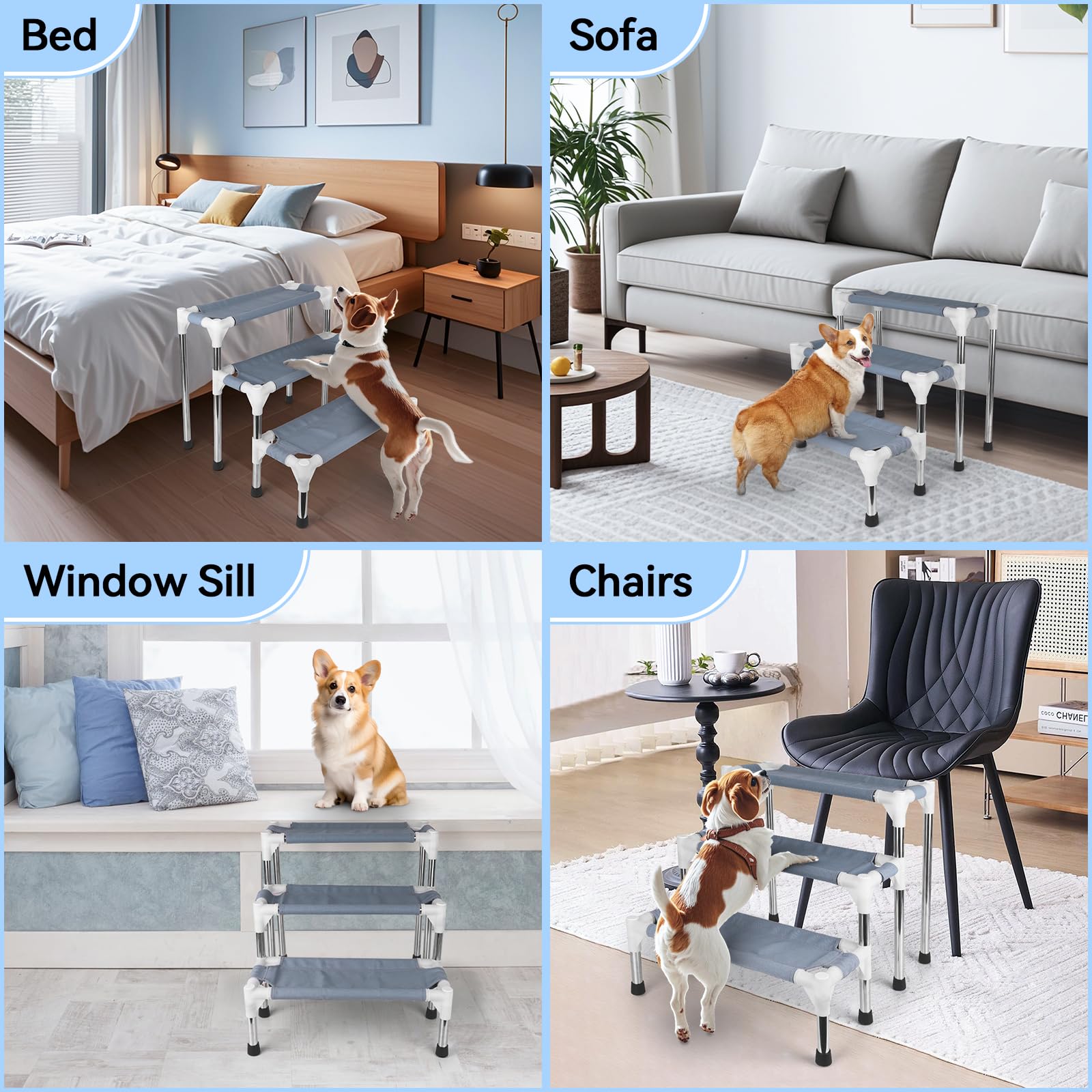 Makerfire Dog Stairs 3-Step for Small Dogs and Cats, Blue, Stainless Steel, Ideal for Bed/Couch Access
