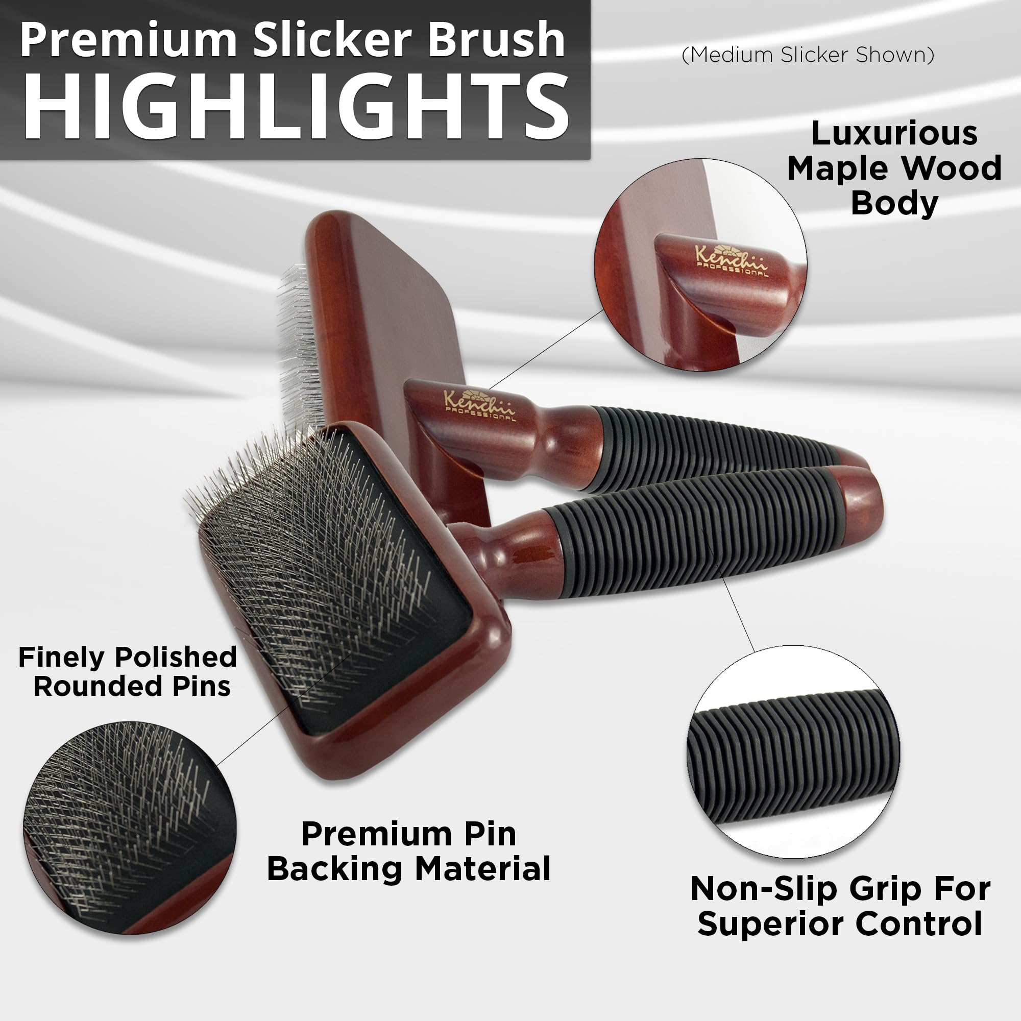 Kenchii Slicker Brush For Dogs, Professional Dog Grooming Brush For Loose Fur, Tangles, Long Short Haired, Stainless Steel Pins, Maplewood Handle (Medium)