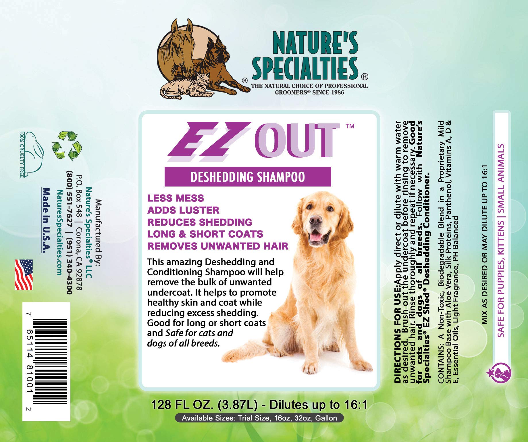 Nature's Specialties EZ Out Ultra Concentrated Deshedding Dog Shampoo for Pets, Makes up to 2 Gallons, Natural Choice for Profes