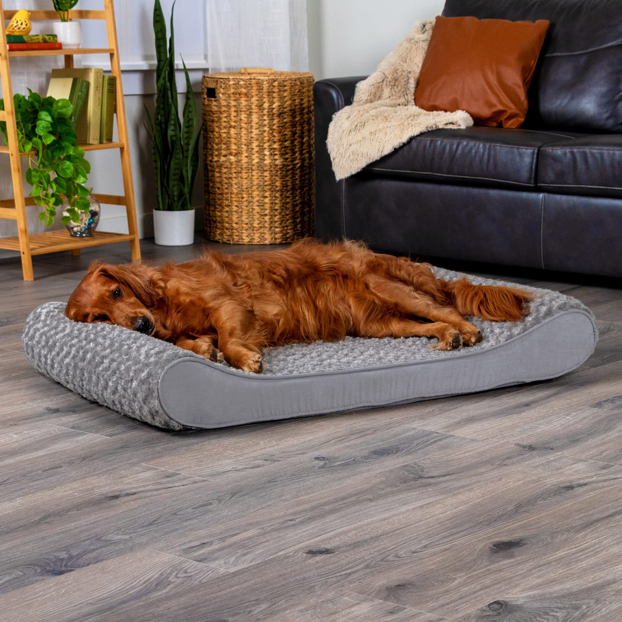 Furhaven Orthopedic Dog Bed For Large Dogs W/ Removable Washable Cover, For Dogs Up To 75 Lbs - Ultra Plush Faux Fur & Suede Luxe Lounger Contour Mattress - Gray, Jumbo/Xl