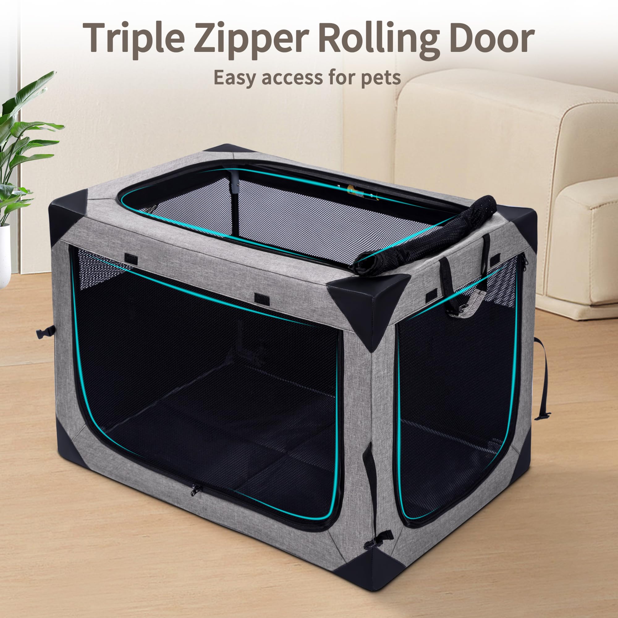 Hiaksedt Dog Crates - 30 Inch Collapsible Soft Dog Crate, 3-Door Foldable Soft Kennel for Medium Dogs, Portable Pet Travel Cage