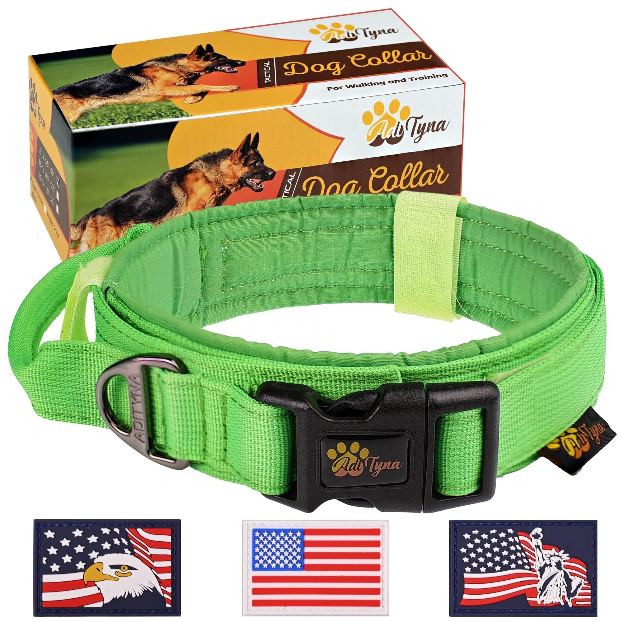 Adityna Tactical Dog Collar For Large Dogs - Soft Padded, Heavy Duty, Service, Adjustable Military K9 Green Collar With Handle F
