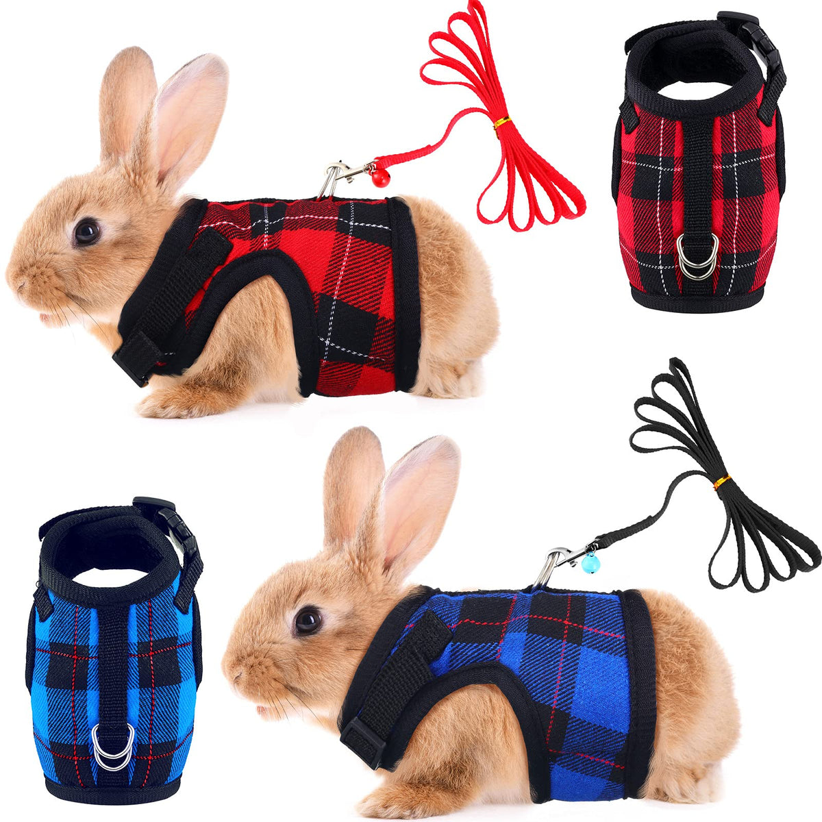 2 Pieces Guinea Pig Harness And Leash Plaid Hamster Harness With Safety Bell Adjustable Ferret Harness And Leash Set No Pulling 