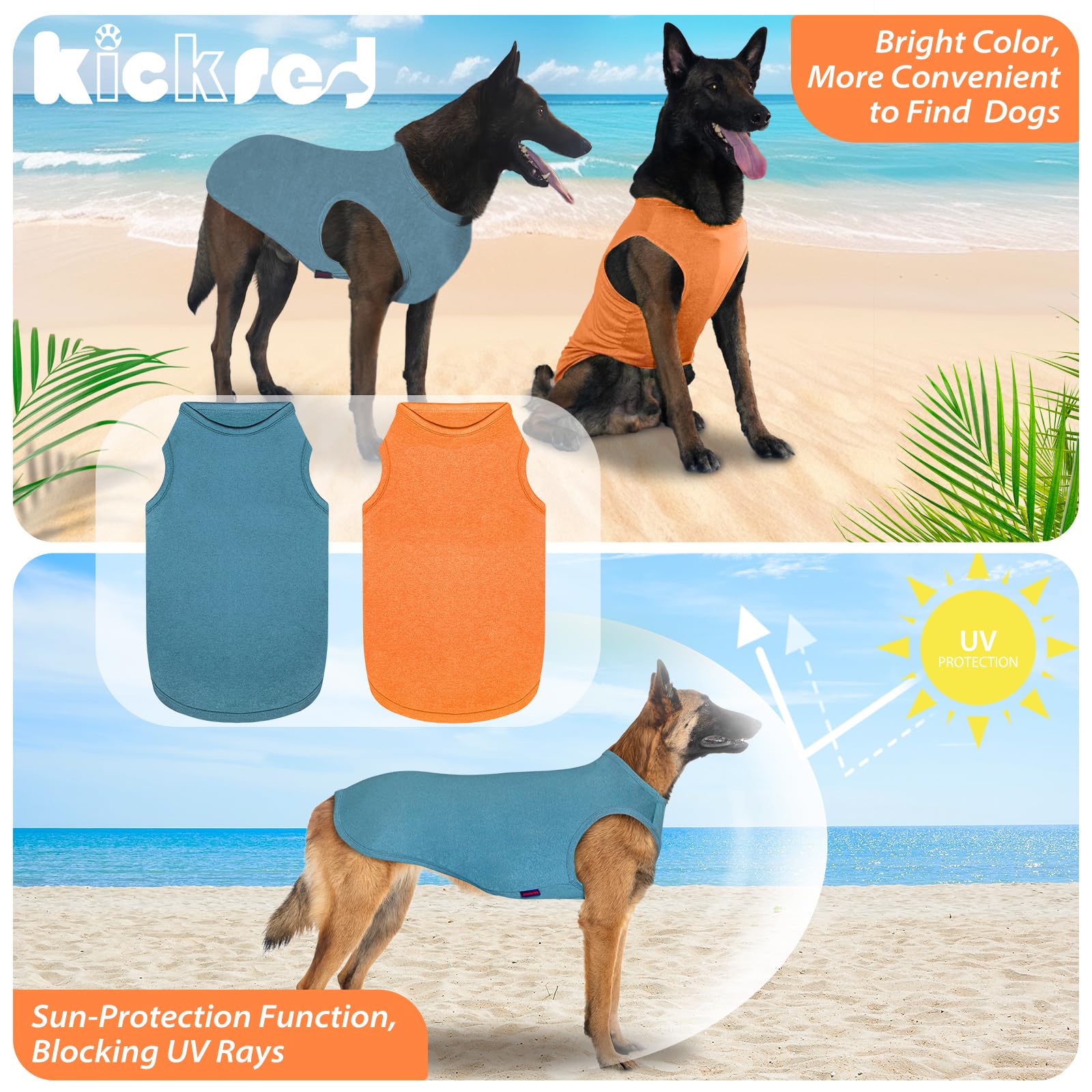 Kickred 2 Pack Dog Shirts, Quick Dry Lightweight Dog T-Shirts Sleeveless Vest, Breathable Pet Clothes Tank Top For Large Medium