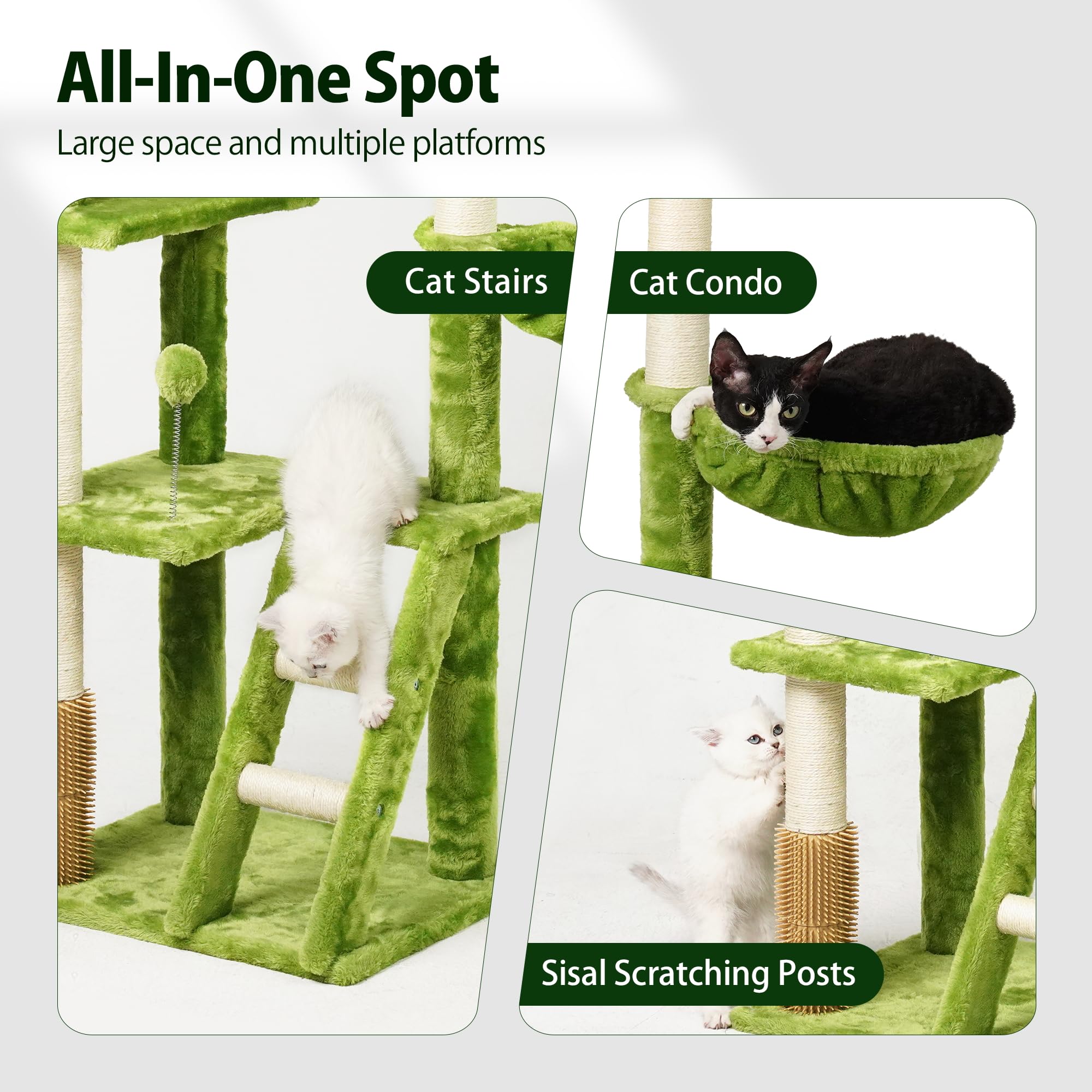 Meecal Large Cat Tree With Leaves For Indoor Cats Large Adult,65'' Green Cat Tower With Scratching Post,Hanging Hammock,Cozy Per
