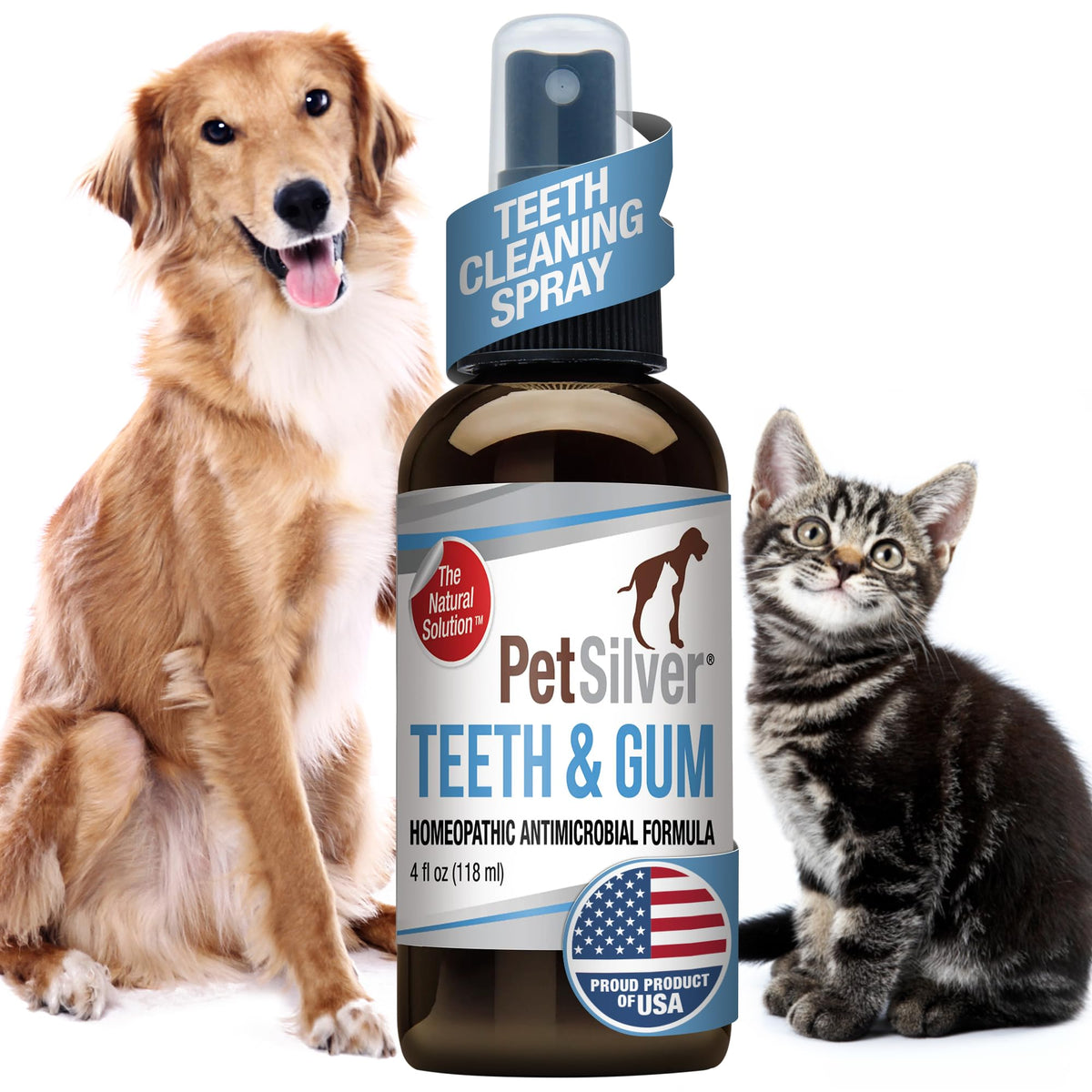 Petsilver Teeth & Gum Spray - Patented Chelated Silver - Dog Dental & Teeth Cleaning Spray For Plaque & Tartar Build-Up Reduction - Natural Breath Freshener For Dogs And Cats - Made In The Usa - 4 Oz