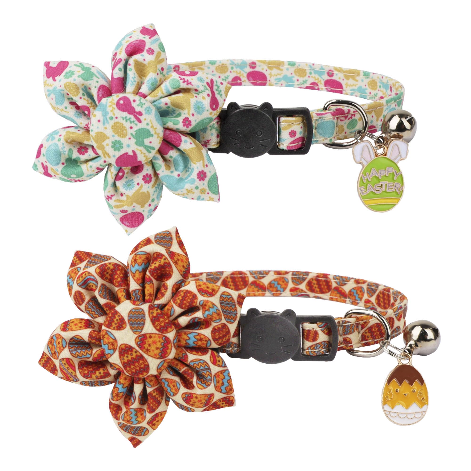 Adoggygo Easter Cat Collars With Removable Flower Bell, Adjustable Rabbit Easter Eggs Pattern Cat Floral Collars For Cats Kitten