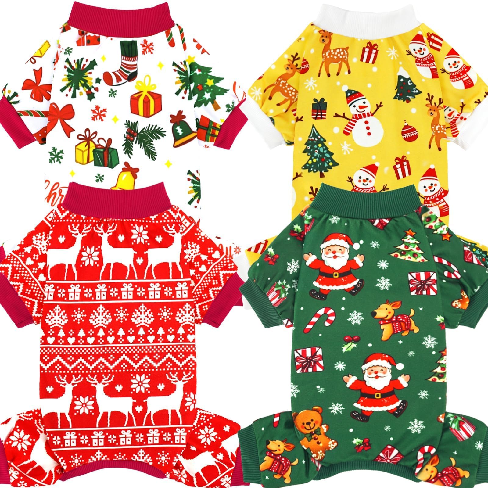 Xpudac 4 Pack Christmas Dog Pajamas Santa Pet Clothes Cute Reindeer Snowman Dog Pajamas For Small Medium Dogs(X-Small) 81-Hongba