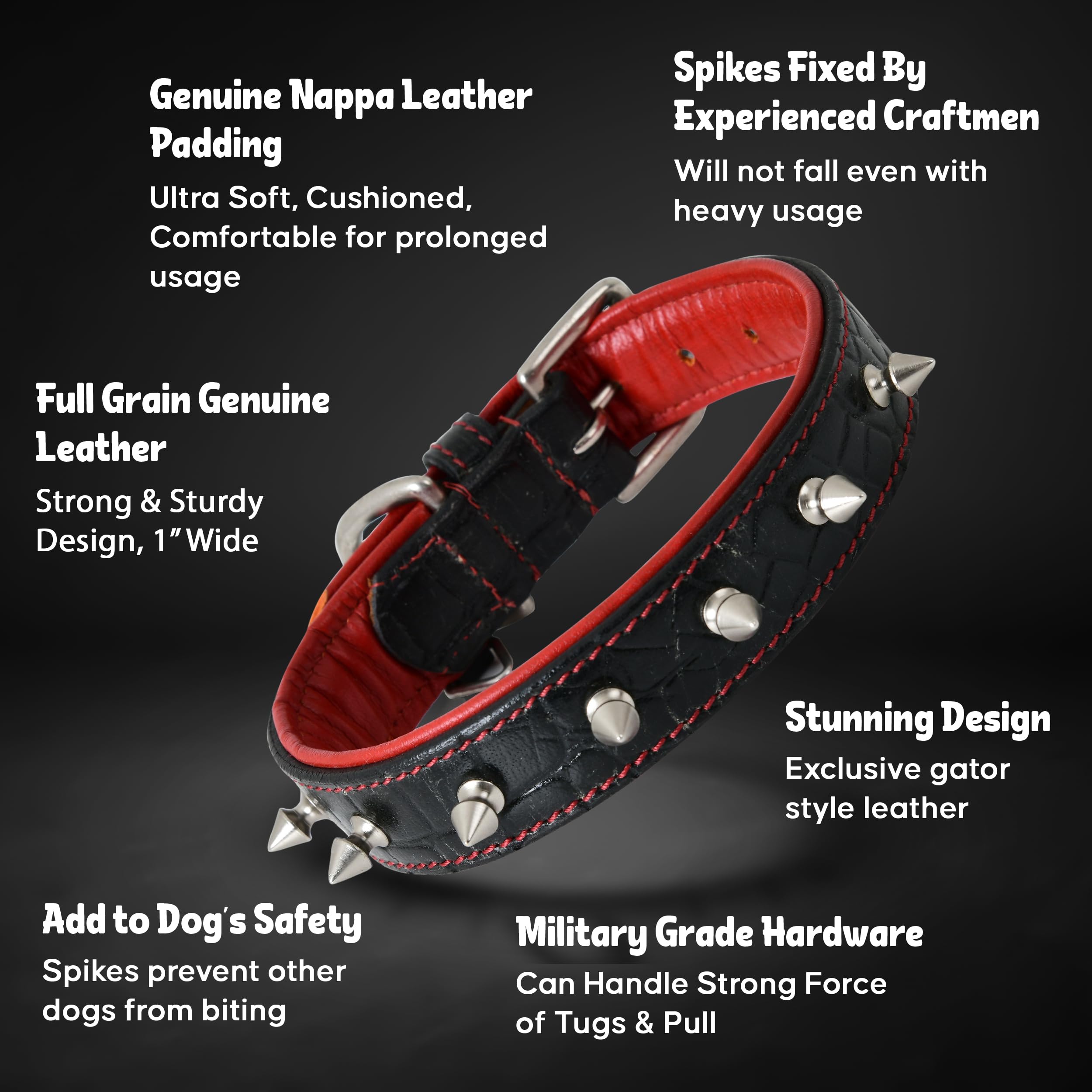 Dowgclub Spiked Leather Dog Collar - 1 Inch Wide Full Grain Bridle Leather, Crocodile Pattern, Heavy Duty Padded Design - For Sm