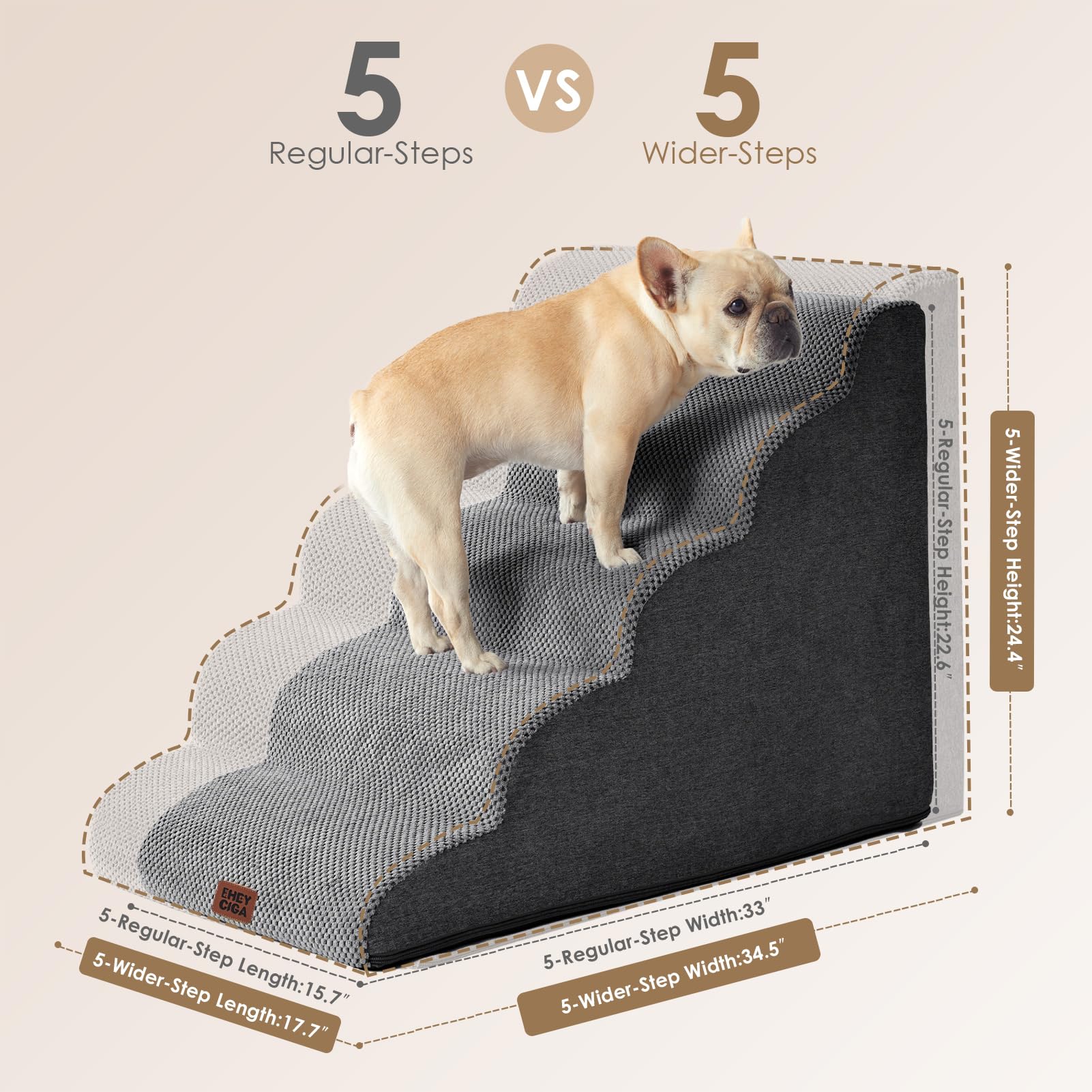 EHEYCIGA 5-Step Curved Dog Stairs Ramp for High Beds, Extra Wide Non-Slip Pet Steps for Small Dogs & Cats, Grey