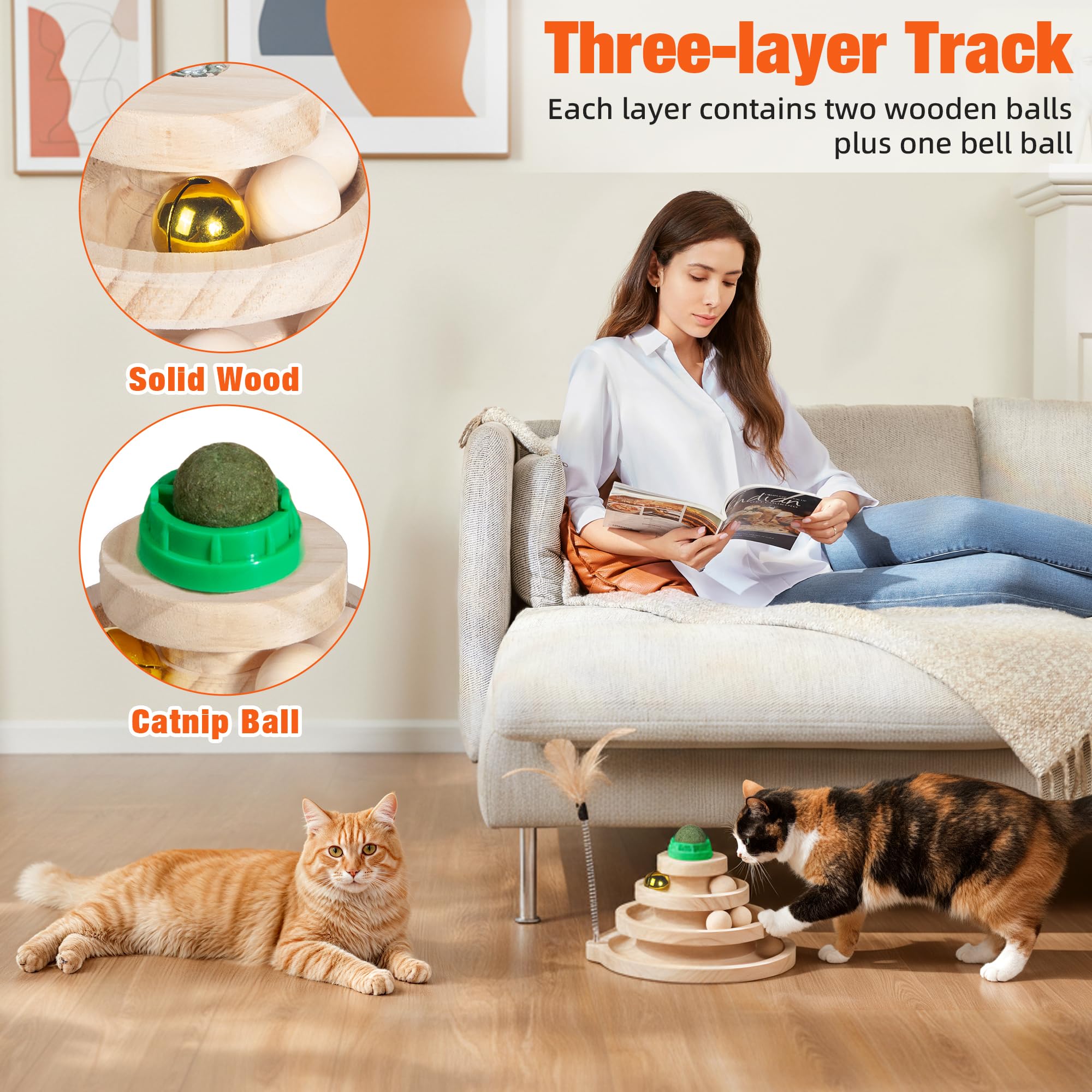 Fantasreen Wooden Cat Track Toy with Large Catnip Ball, Metal Bell Ball, 3-Level Interactive Tower for Indoor Cats, No Paint Saf