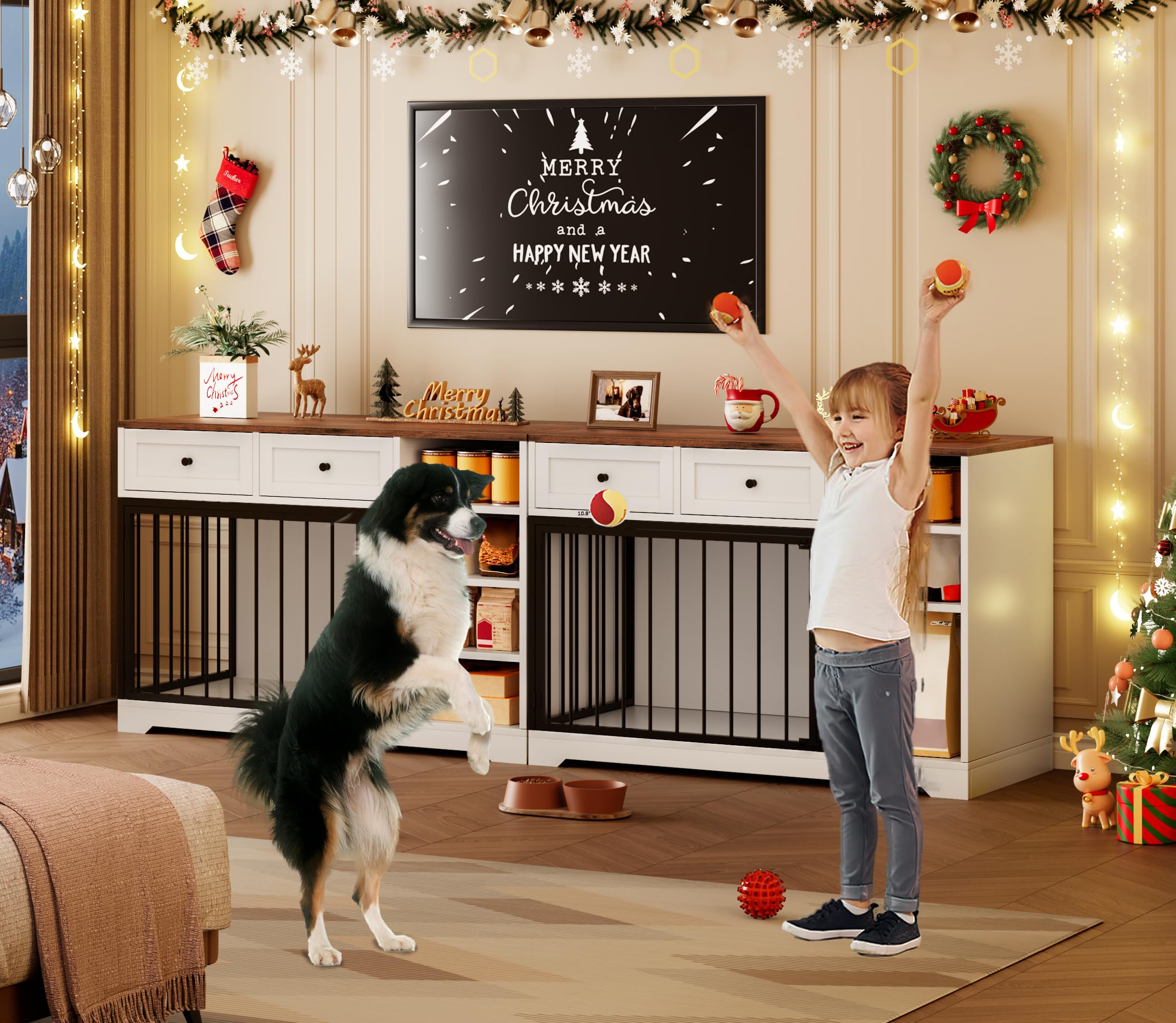 Dog Crate Furniture 47, Large Dog Crate TV Stand with 2 Drawers and 4 Shelves, Wooden Dog Kennel Indoor, Decorative Dog Cage wit