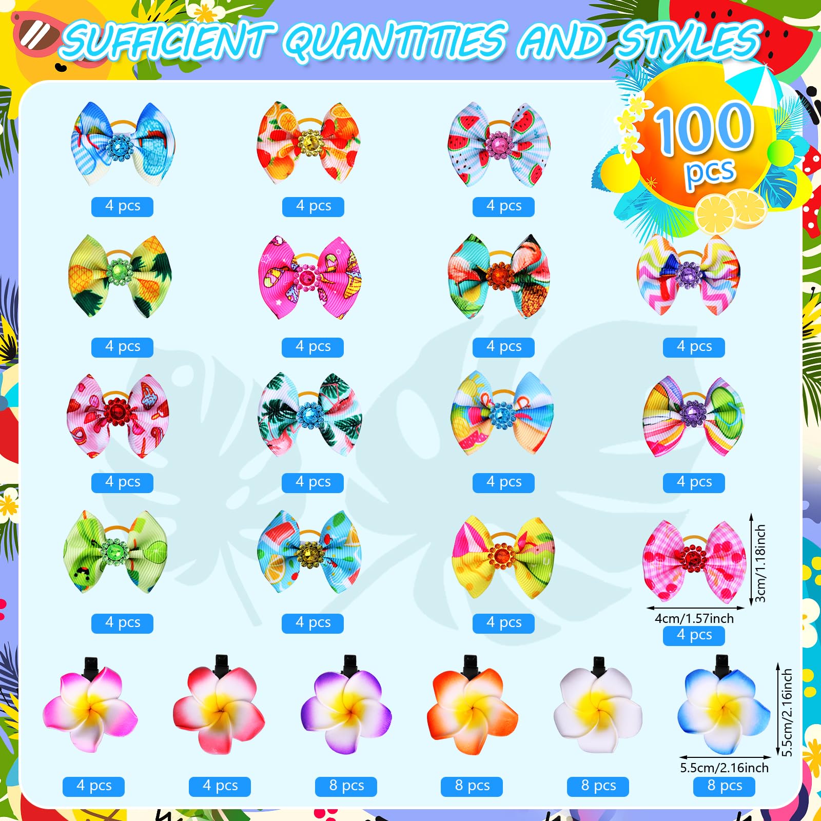 Piklodo 100Pcs Spring Summer Dog Bows And Dog Hair Clips Dog Hair Bows With Rubber Bands Flower Puppy Bow Floral Pet Hair Barret