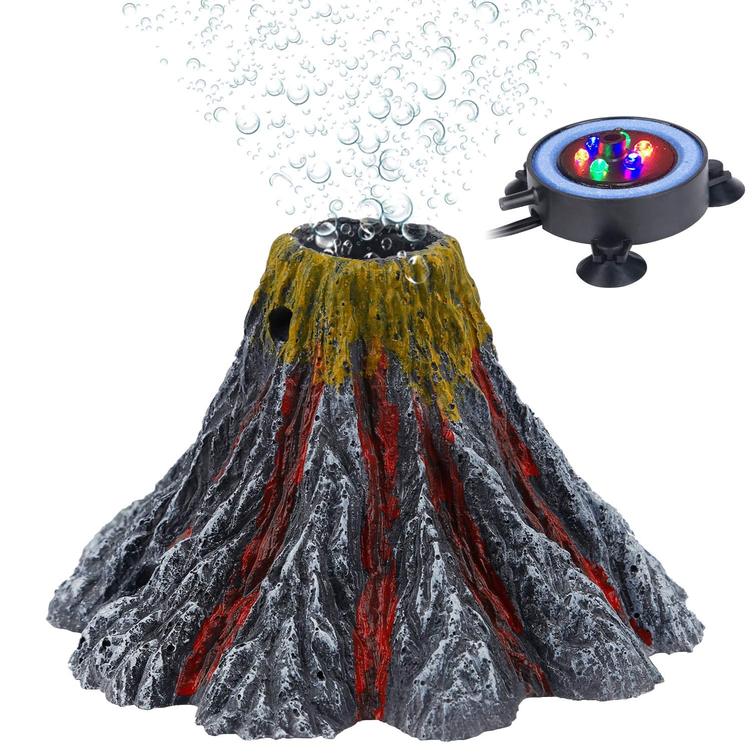 Uniclife Aquarium Volcano Ornament Kit Realistic Resin Volcanic Decoration With Air Stone Bubbler Colorful Led Light Decor For Fish Tank Landscape Addition And Oxygenation