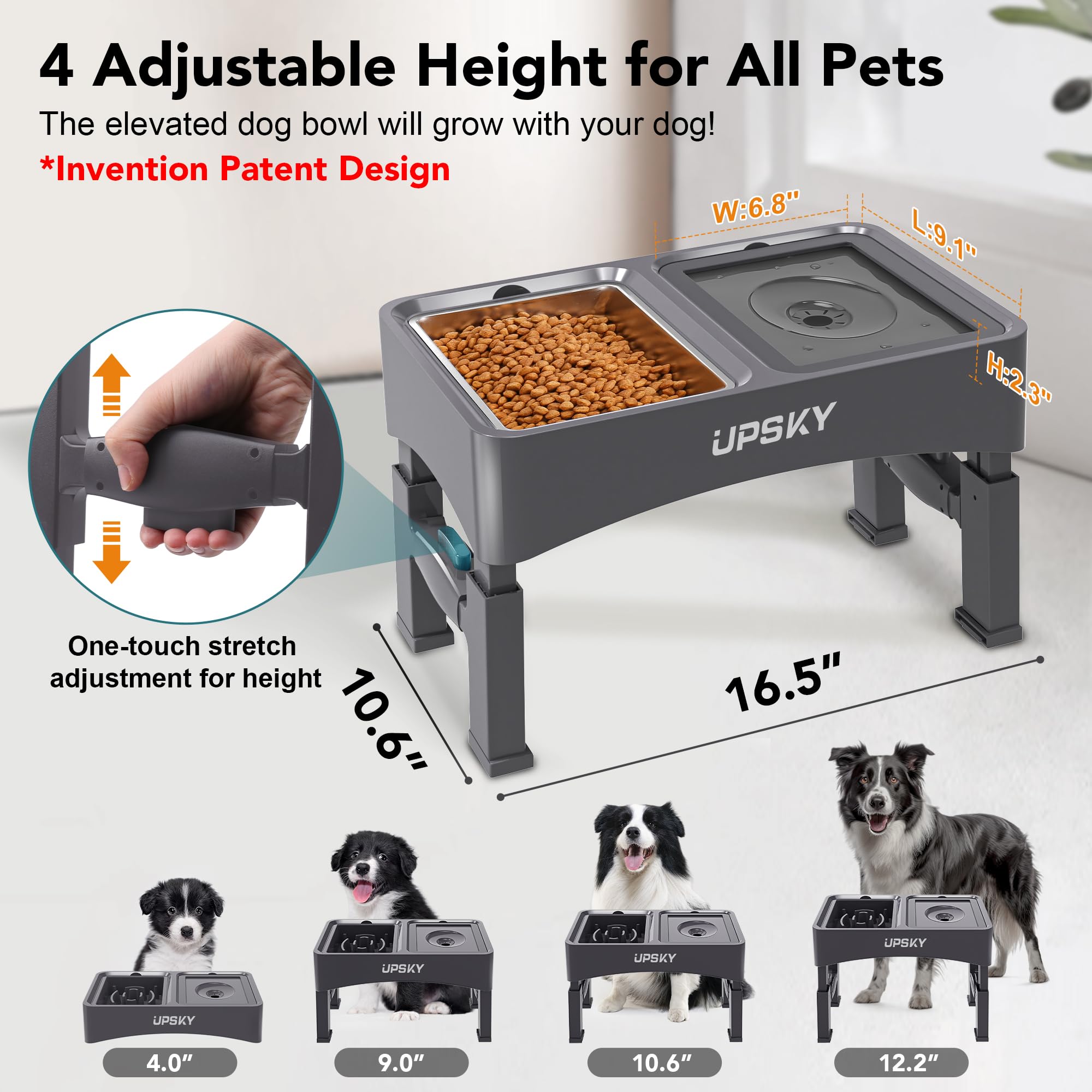 Upsky Elevated 3-In-1 Dog Bowls: Slow Feeder, Stainless Steel Adjustable (4 Heights), No-Spill, For Small/Medium Dogs (Grey)