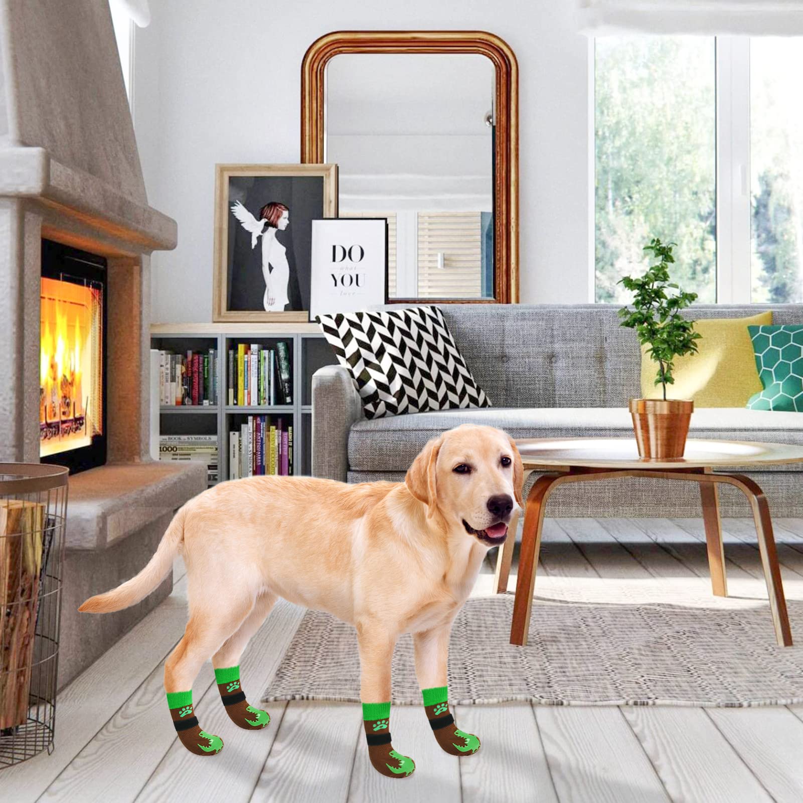 Beautyzoo Anti-Slip Dog Socks With Grips Traction Control For Small Medium Large Dogs, Non Skid Indoor Double Side Pet Paw Protector For Hardwood Floor Wear, Dinosaurs S/M