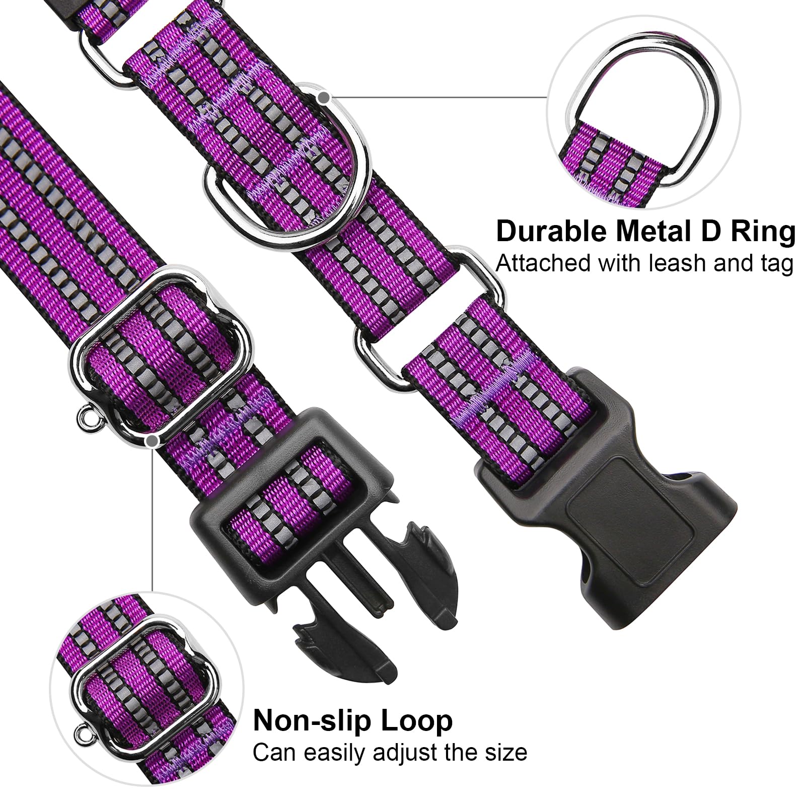 Joyeeiioo Martingale Dog Collar, Adjustable Nylon Reflective Collar With Quick Release Buckle (Real Purple, Small)