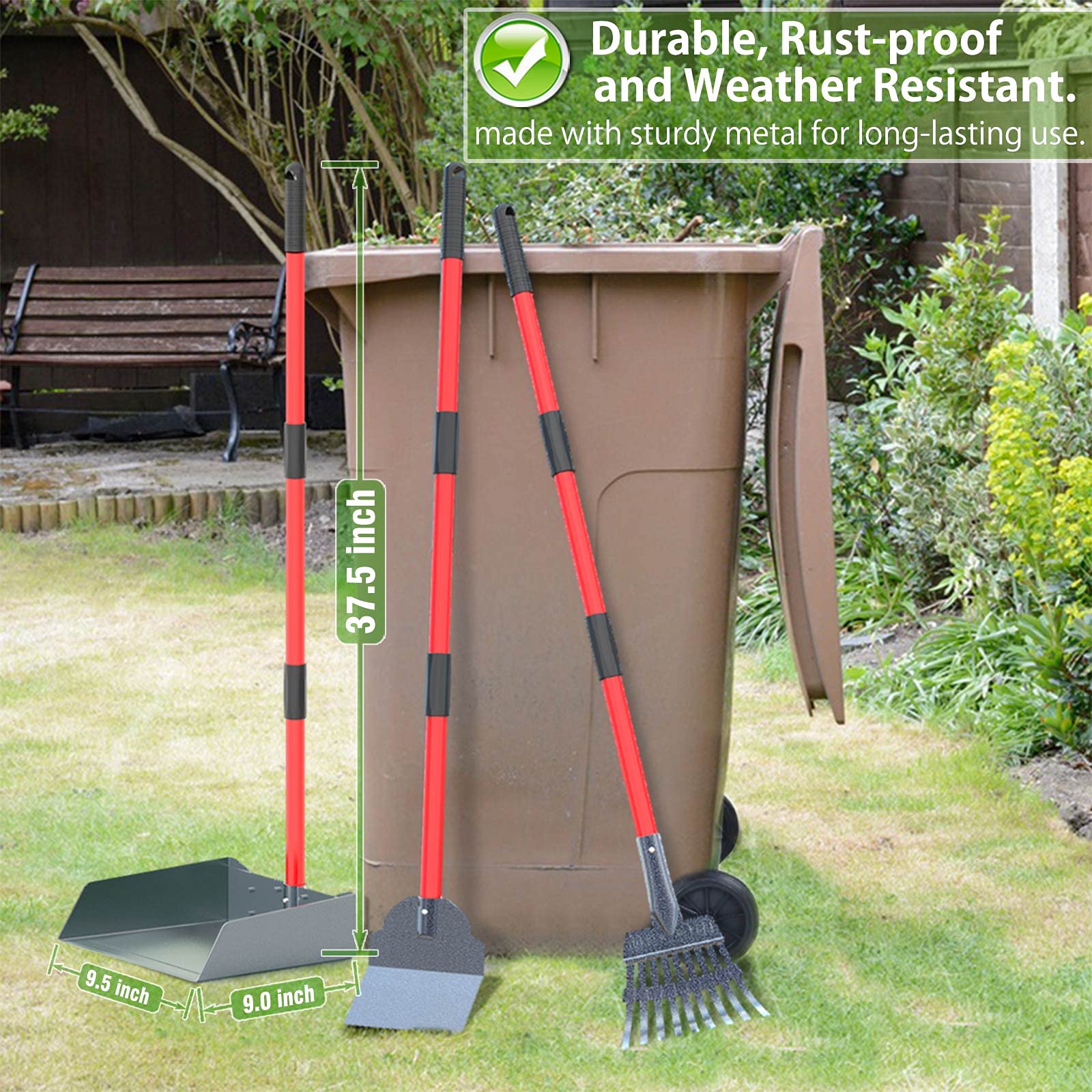 X-Tecokit Larger Pooper Scooper - Durable & Sturdy Rake, Spade, Tray Set With Long Handle Great For Large Small And Multi Dogs - Poop Scoop No Bend Down Easy To Use For Yard Grass Gravel Dirt