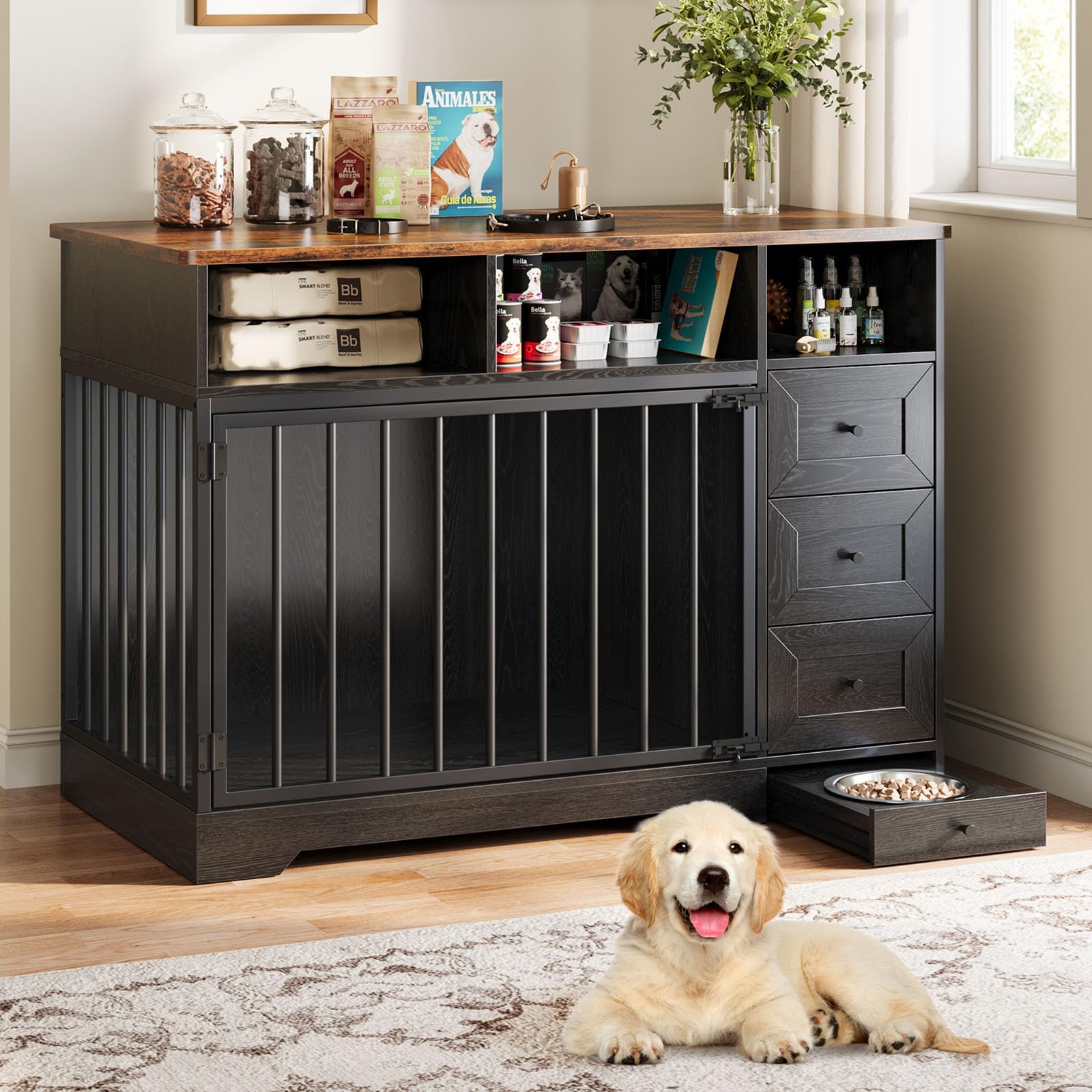 GarveeLife 48 Dog Crate Furniture, Farmhouse Heavy Duty Dog Kennel with Bowl & Storage Drawers, Medium Dog Cage End Table for 
