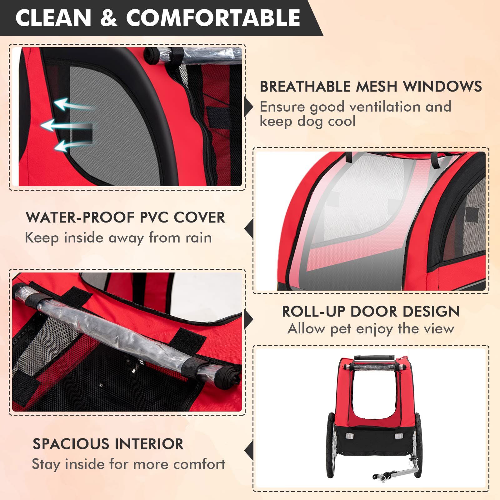 Tangkula Dog Bike Trailer, Breathable Mesh Dog Cart With 3 Entrances, Safety Flag, 8 Reflectors, Folding Pet Carrier Wagon With 20 Inch Wheels, Bicycle Carrier For Medium And Small Sized Dogs (Red)