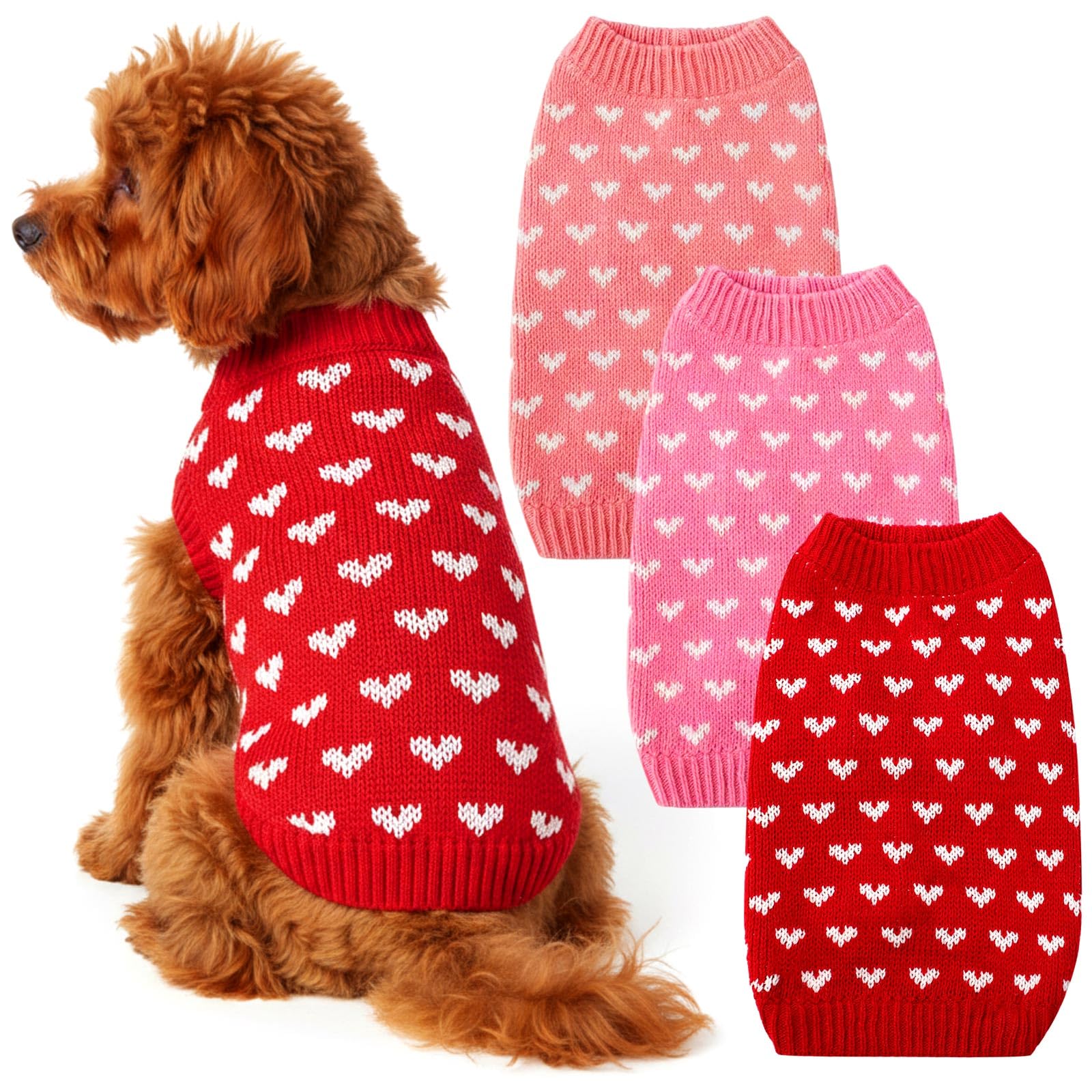3 Pack Pink Dog Clothes for Small Dogs, Heart Knitted Dog Sweaters Soft Cat Clothes Red Pink Puppy Sweaters for Small Dogs, Chih