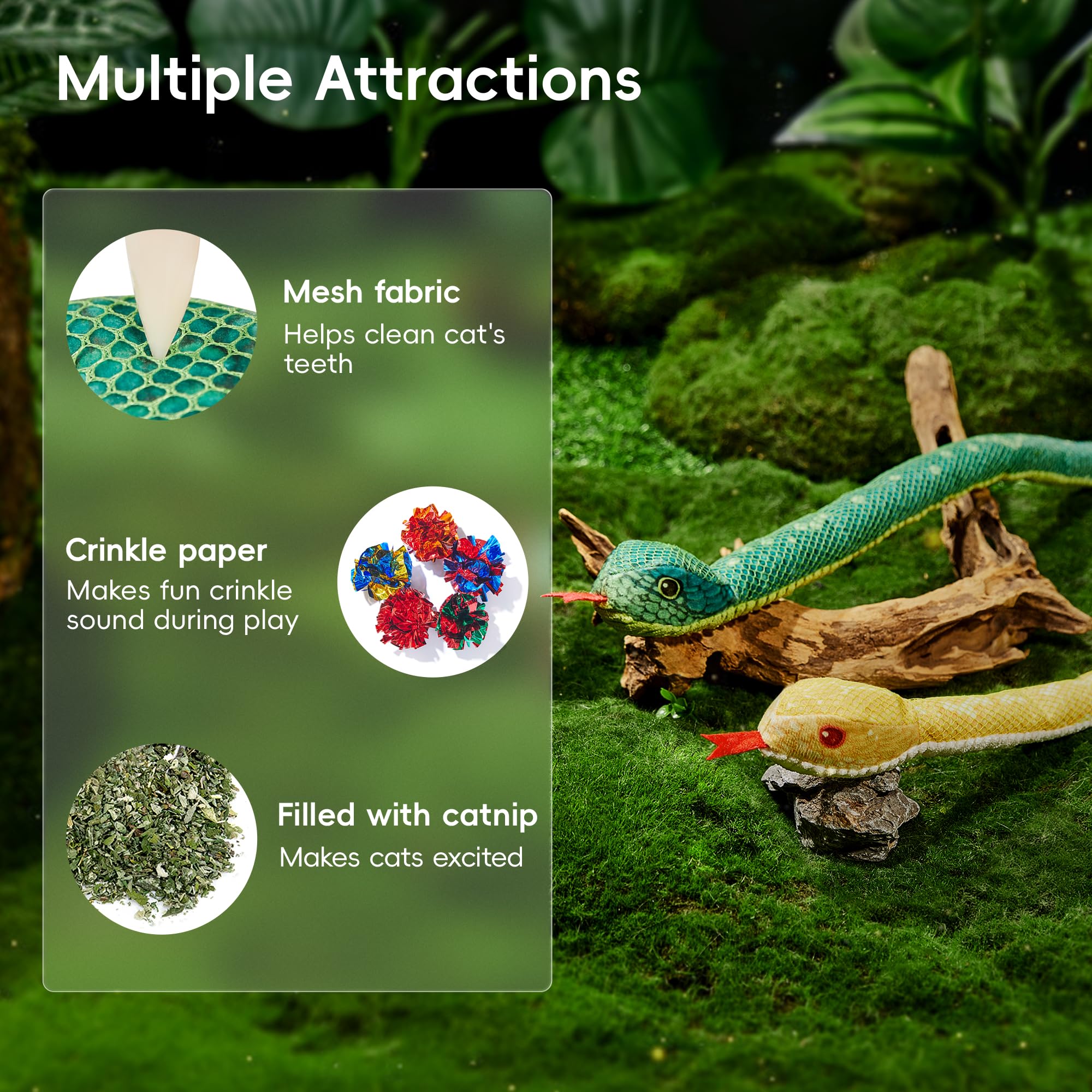 Potaroma Cat Toys Realistic Snake Catnip Crinkly Sound Toy 2 Pcs, Mesh Fabric For Teeth Cleaning, Interactive Kicker Toys For In