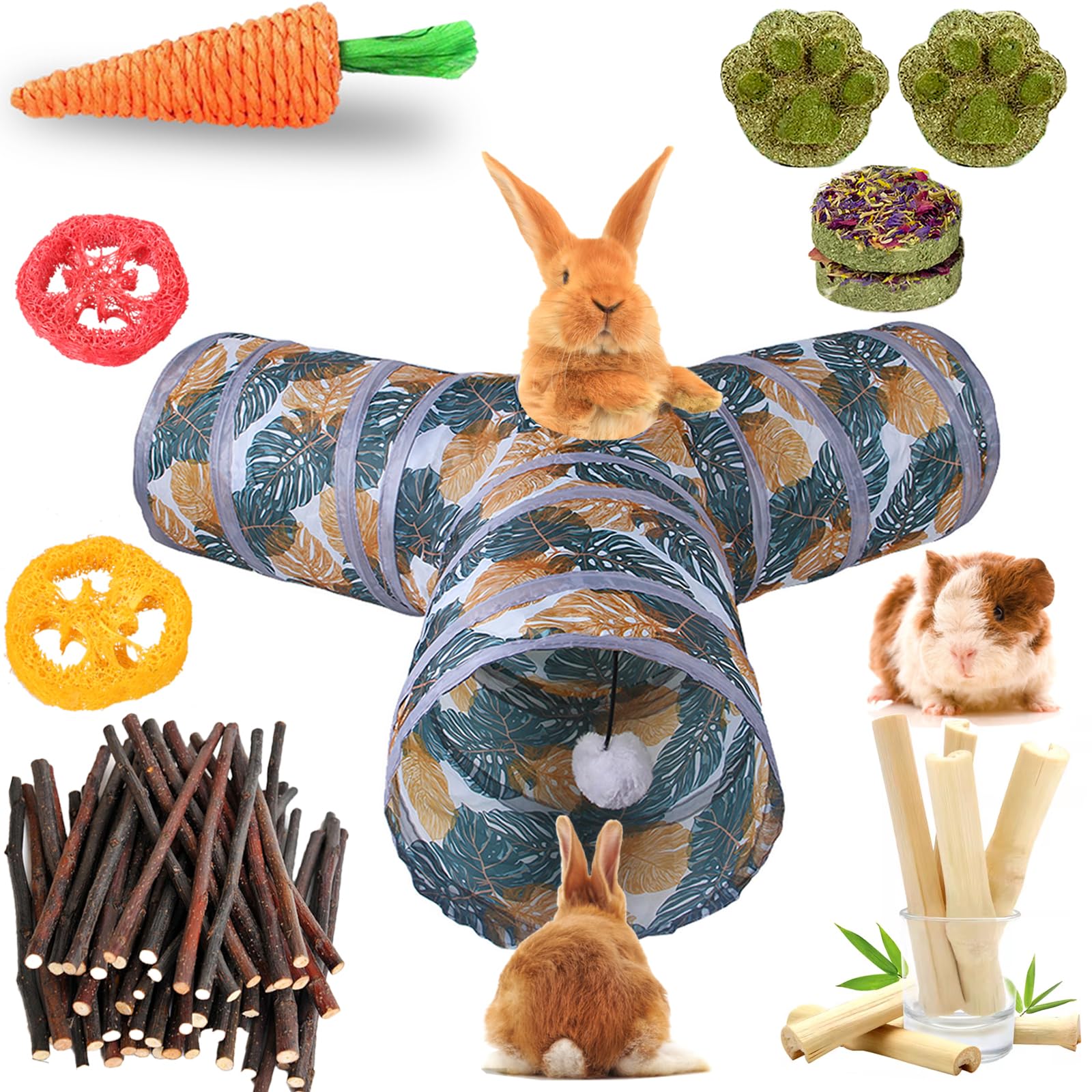 Grddaef Bunny Tunnel, Collapsible 3 Way Rabbit Tunnel And Tubes With Small Animal Hideout Chew Toys For Rabbit Guinea Pig Ferret