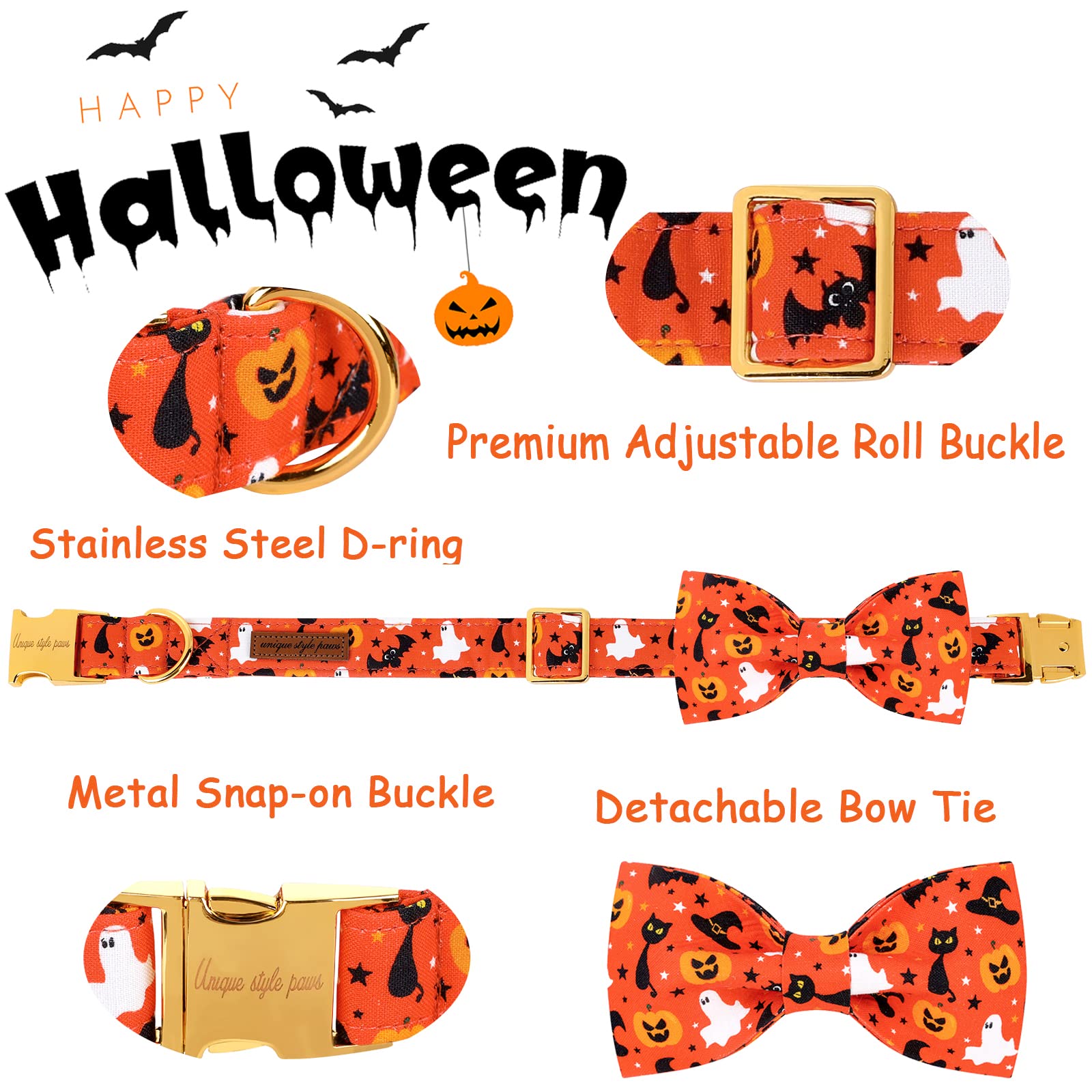 Unique Style Paws Halloween Dog Collar With Bow Tie Cotton Adjustable Puppy Collar For Small Medium Large Dogs-L