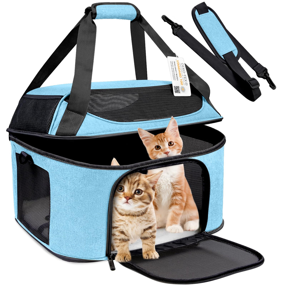 Bejibear Large Cat Carrier For 2 Cats, Oeko-Tex Certified Soft Side Pet Carrier For Cat, Small Dog, Collapsible Travel Small Dog Carrier, Tsa Airline Approved Cat Carrier For Large Cats 20 Lbs, Blue