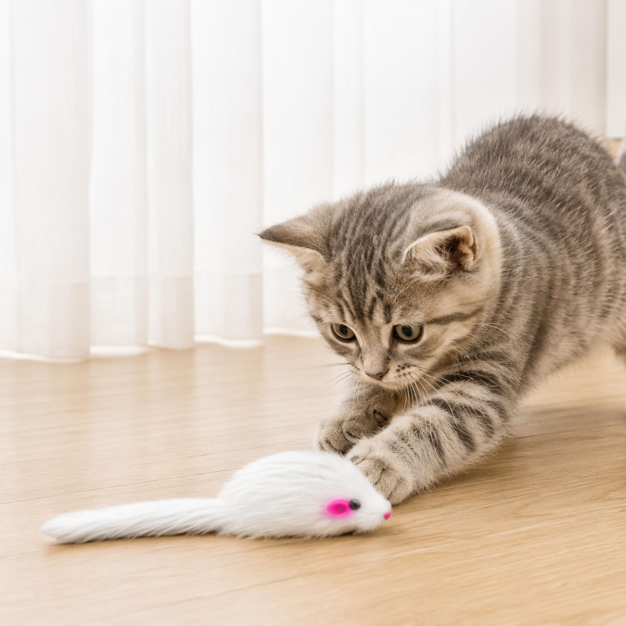 Foodie Puppies Interactive Mouse Cat Toy (White Fur Mouse, Set Of 2) Lightweight Faux Fur Mice Indoor Play Toy For Cats & Kitten
