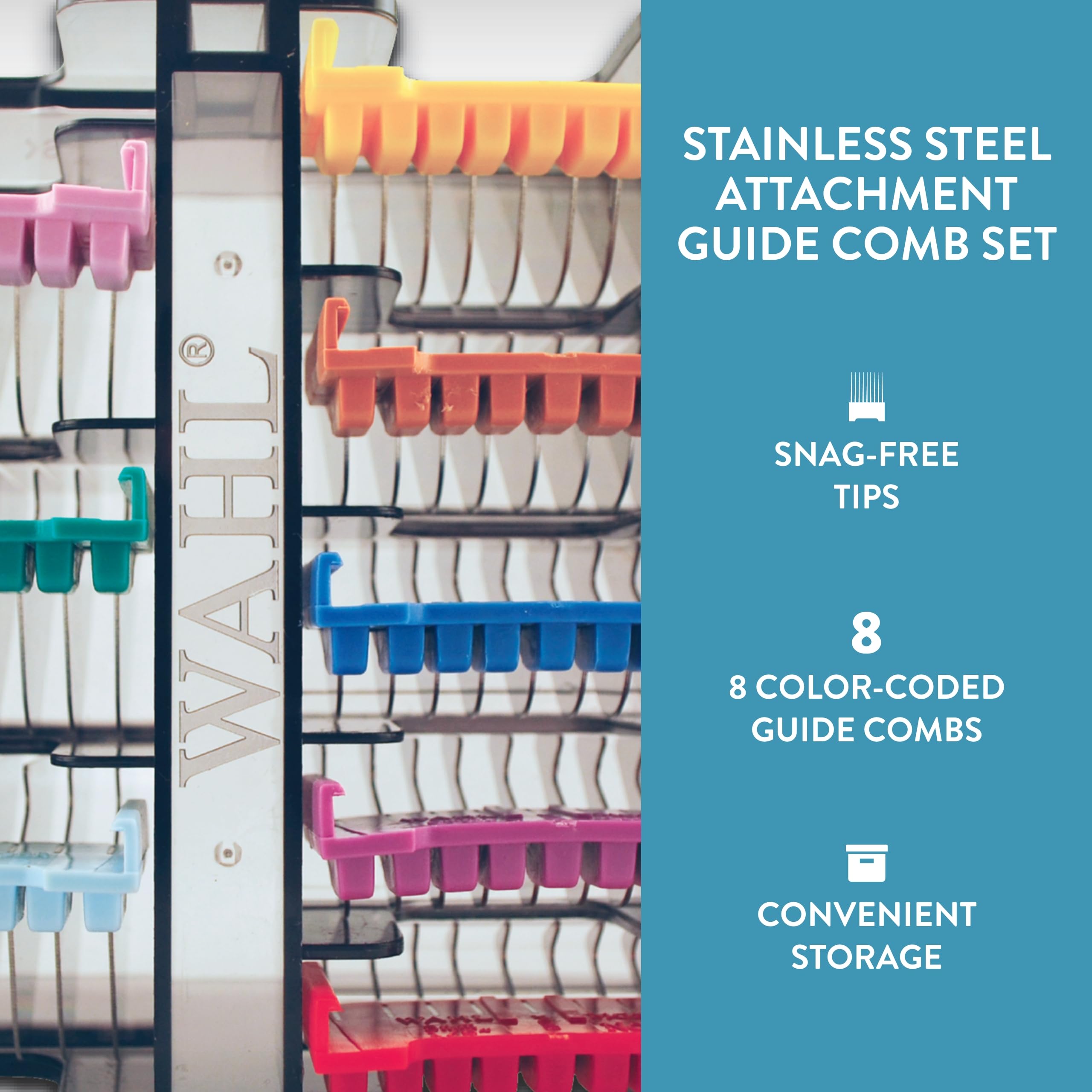 Wahl Professional Animal Stainless Steel Attachment Guide Comb Set For Wahl'S Bravura, Arco, 5 Style Groom, Chromado, Creativa, Figura, And Motion Pet, Dog, Cat, And Horse Clippers