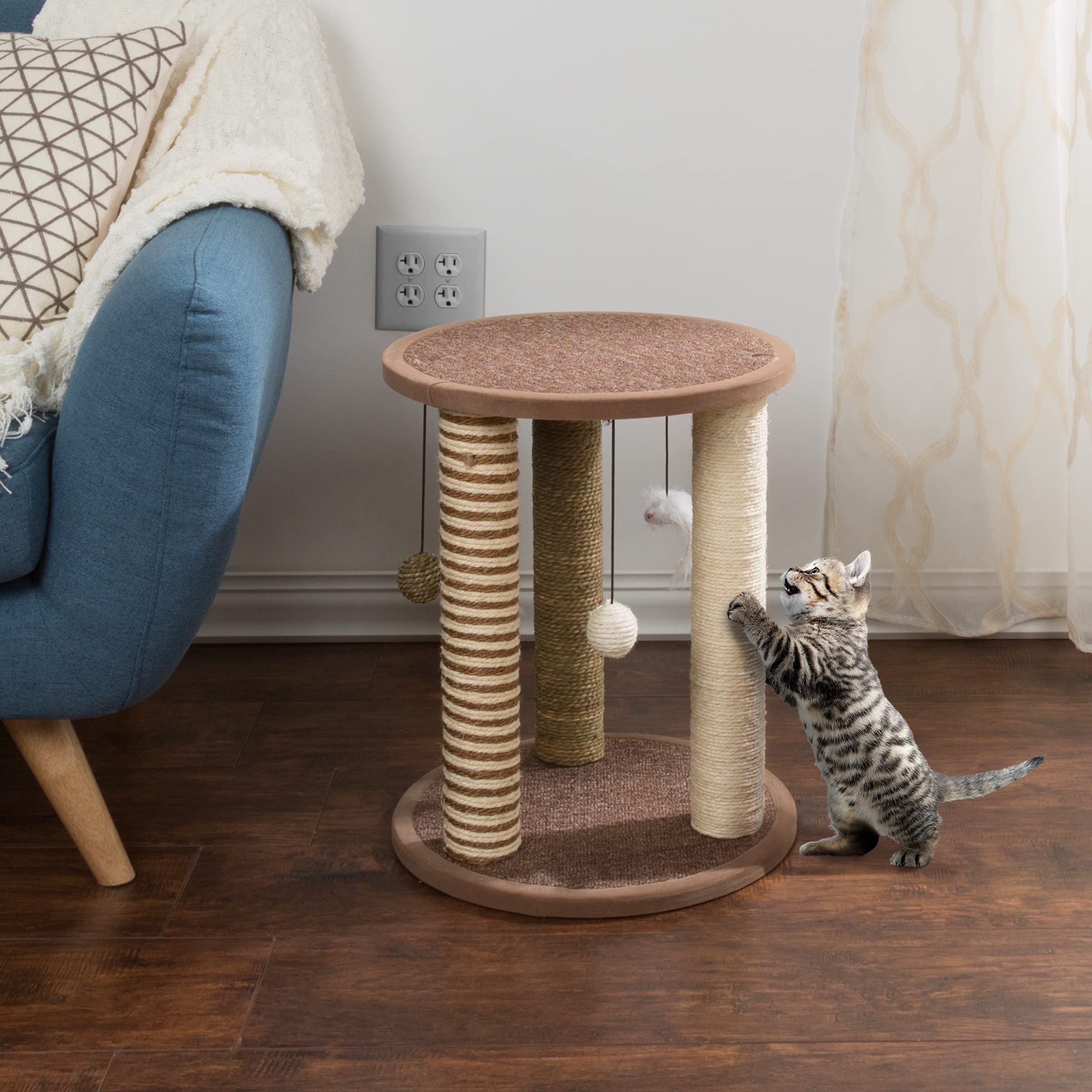 Cat Scratching Post - 3 Scratcher Posts With Carpeted Base Play Area And Perch - Furniture Scratching Deterrent For Indoor Cats