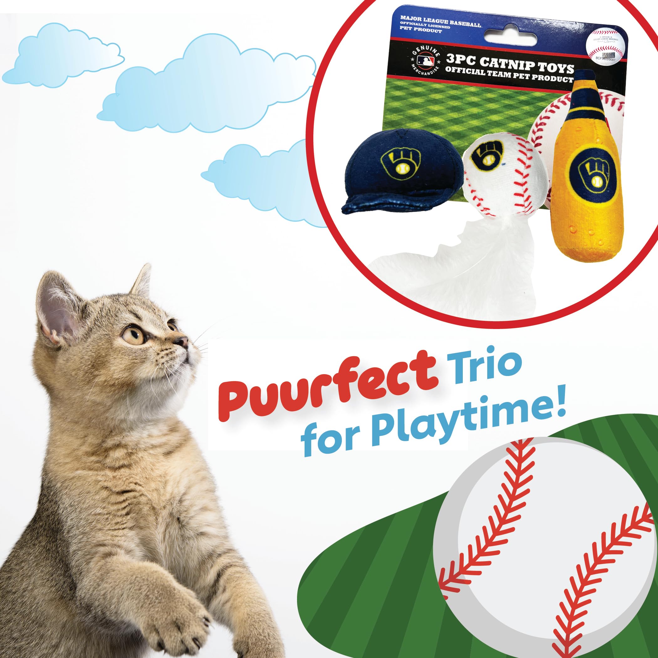 Best Plush Cat Toy - Mlb Milwaukee Brewers Complete Set Of 3 Piece Cat Toys Filled With Catnip. Incld: 1 Baseball Cap Cat Toy, 1