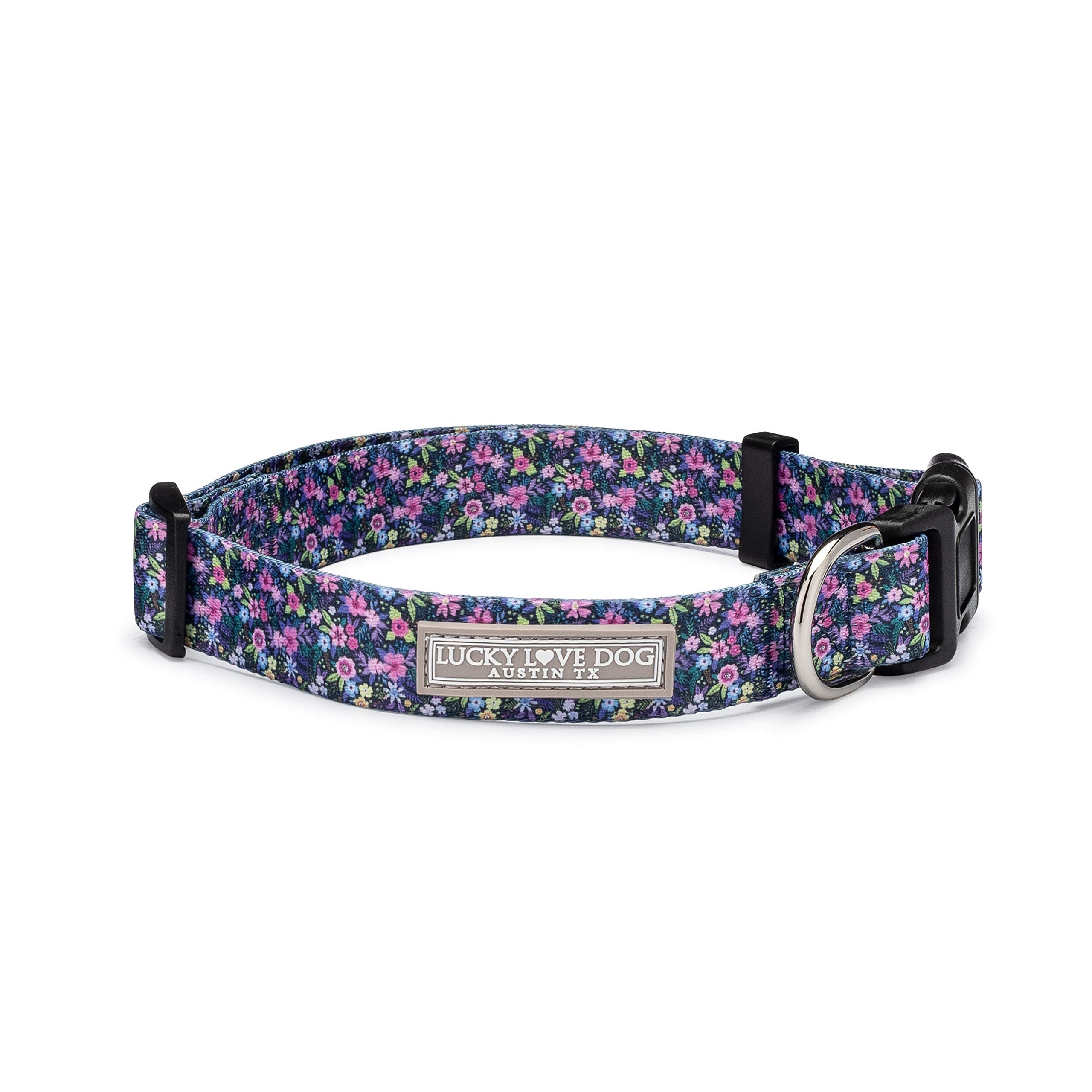 Lucky Love Dog, Comfortable, Soft, Cute Female Dog Collar For Medium Dogs, Black & Purple Floral Print, Adjustable Nylon Collar,